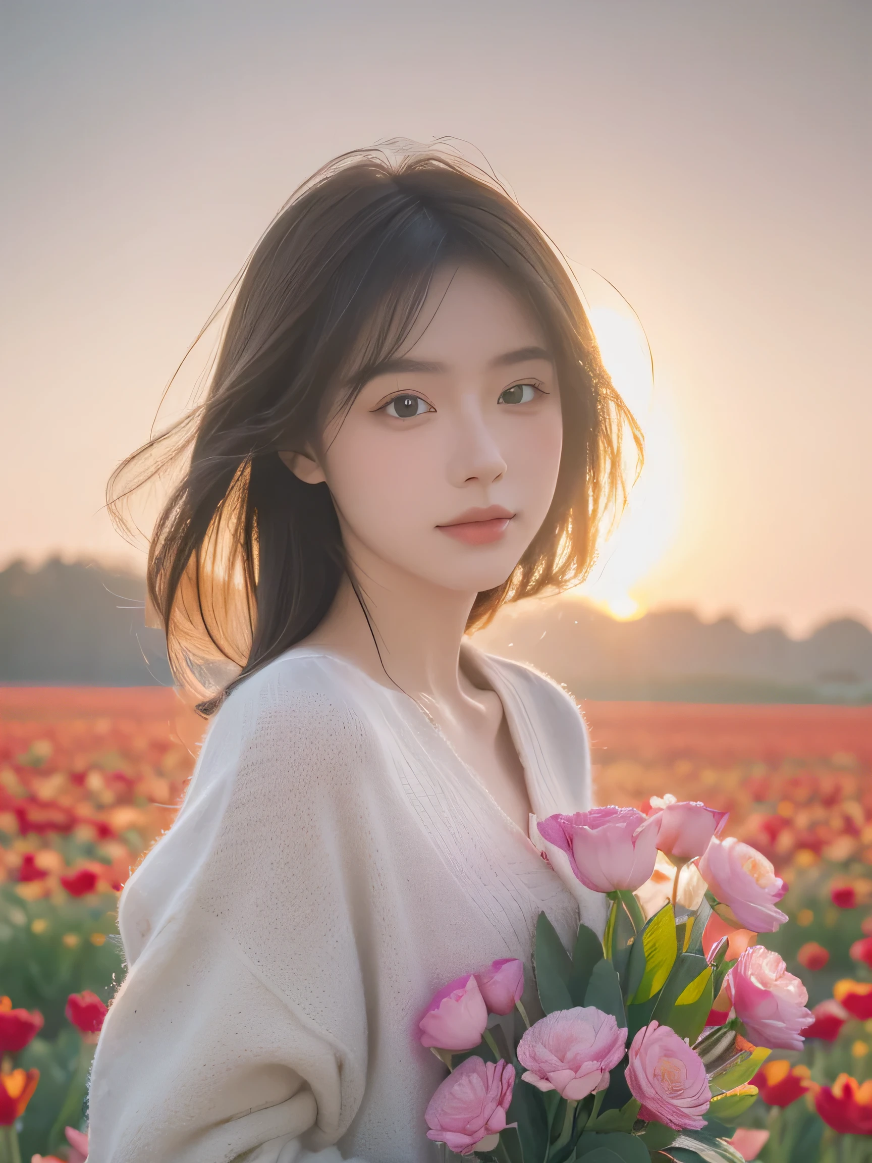 (8K, Best quality, tmasterpiece:1.2),(Best quality:1.0), (Ultra-high sharpness:1.0), aquarelle, a beautiful girl in flowers field, soft light, close up shot, by Agnes Cecil, Broken, Extremely luminous and bright design, pastelconk:1.3), Autumn lights,