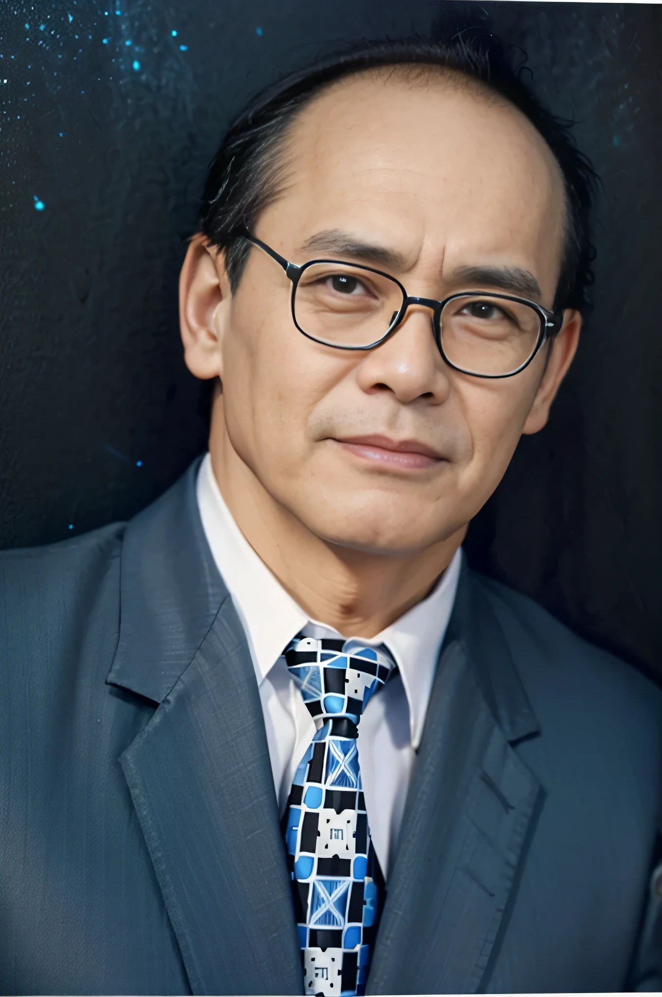 Highly realistic photo, ((masterpiece), (best quality), (raw photo), (photorealistic:1.4), Portrait of Vietnamese old man, 70 years old, ((black hair)), ((wearing a dark suit)),tall bald hair, wears glasses, ((blue gradient background)), photo taken by Sony A7IV