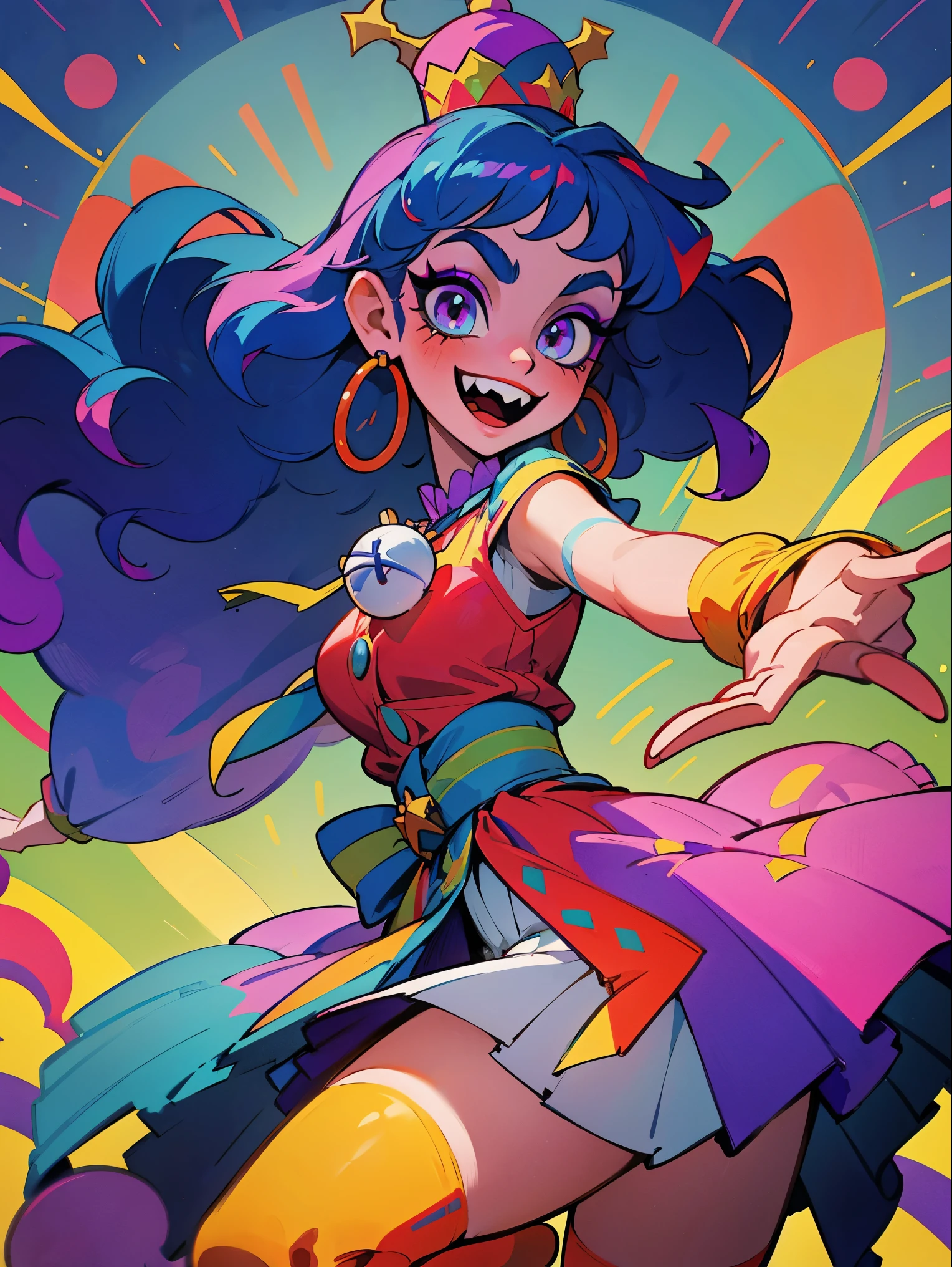 Merry's appearance is as colorful and vibrant as her personality. She wears elaborate clown makeup, with exaggerated features painted in bold, bright colors. Her eyes are adorned with oversized false lashes and adorned with glittering eyeshadow, adding to her theatrical appearance. Her nose is painted bright red, and her lips are stretched into a perpetually mischievous grin, revealing rows of sharp teeth that gleam in the light.

Her hair, a riot of curls dyed in hues of blue and purple, frames her face like a crown of laughter. Brightly colored ribbons and bows are woven throughout her curls, adding to the whimsical effect. She stands tall and slender, her movements graceful and fluid like a dancer's.

She dresses in a patchwork of mismatched fabrics, adorned with bells and ribbons that jingle and jangle with every movement. Her outfit is adorned with an array of accessories, including oversized buttons, sequins, and patches, giving her the appearance of a living, breathing carnival. Despite her chaotic appearance, there is an undeniable charm to her presence, drawing people in with the promise of laughter and excitement.