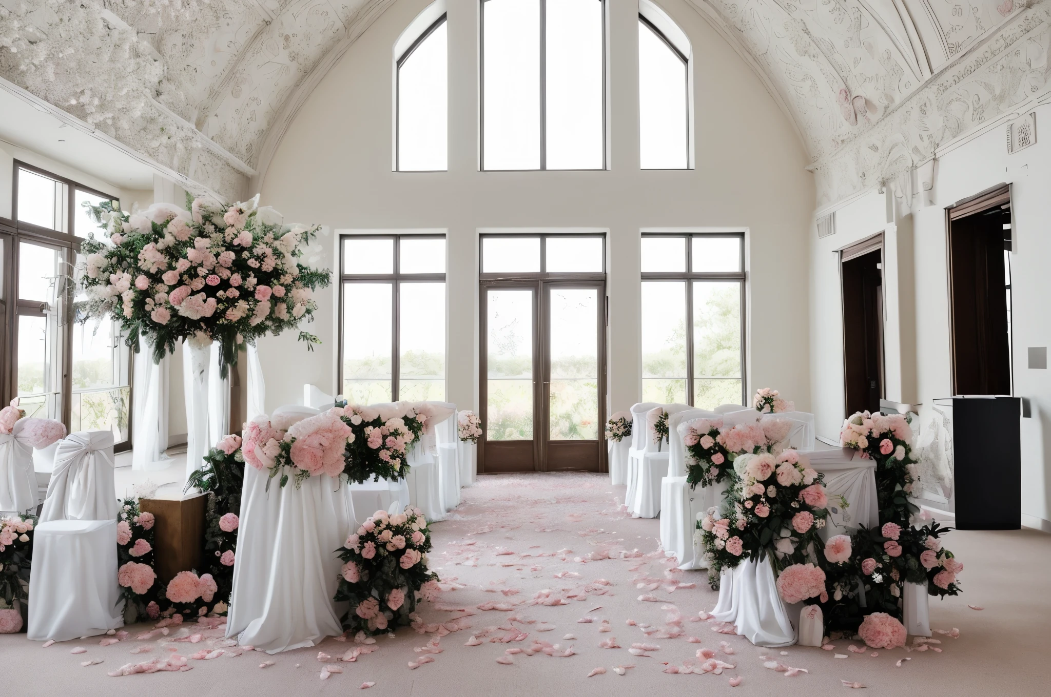 best quality, masterpiece, highres,, wedding aisle, floral theme, white and pink flower