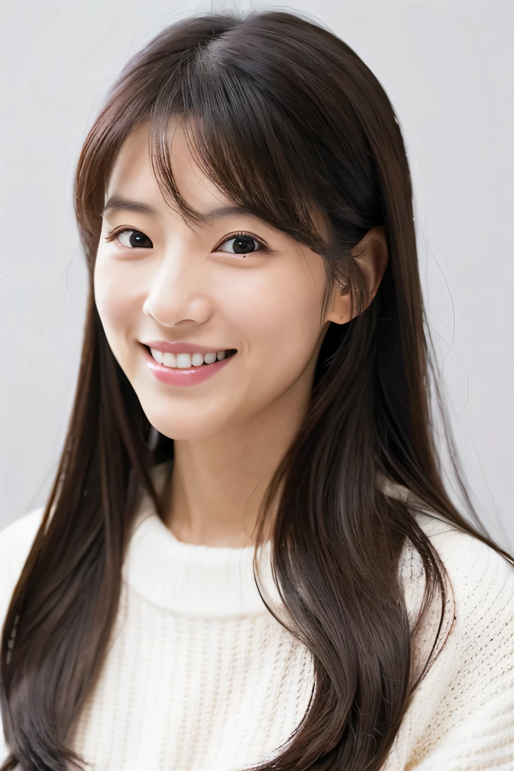 row photo, Facial portrait of a beautiful 32 year old Japanese woman, cute face, wearing a white sweater, smile, white background, real pictures, long hair