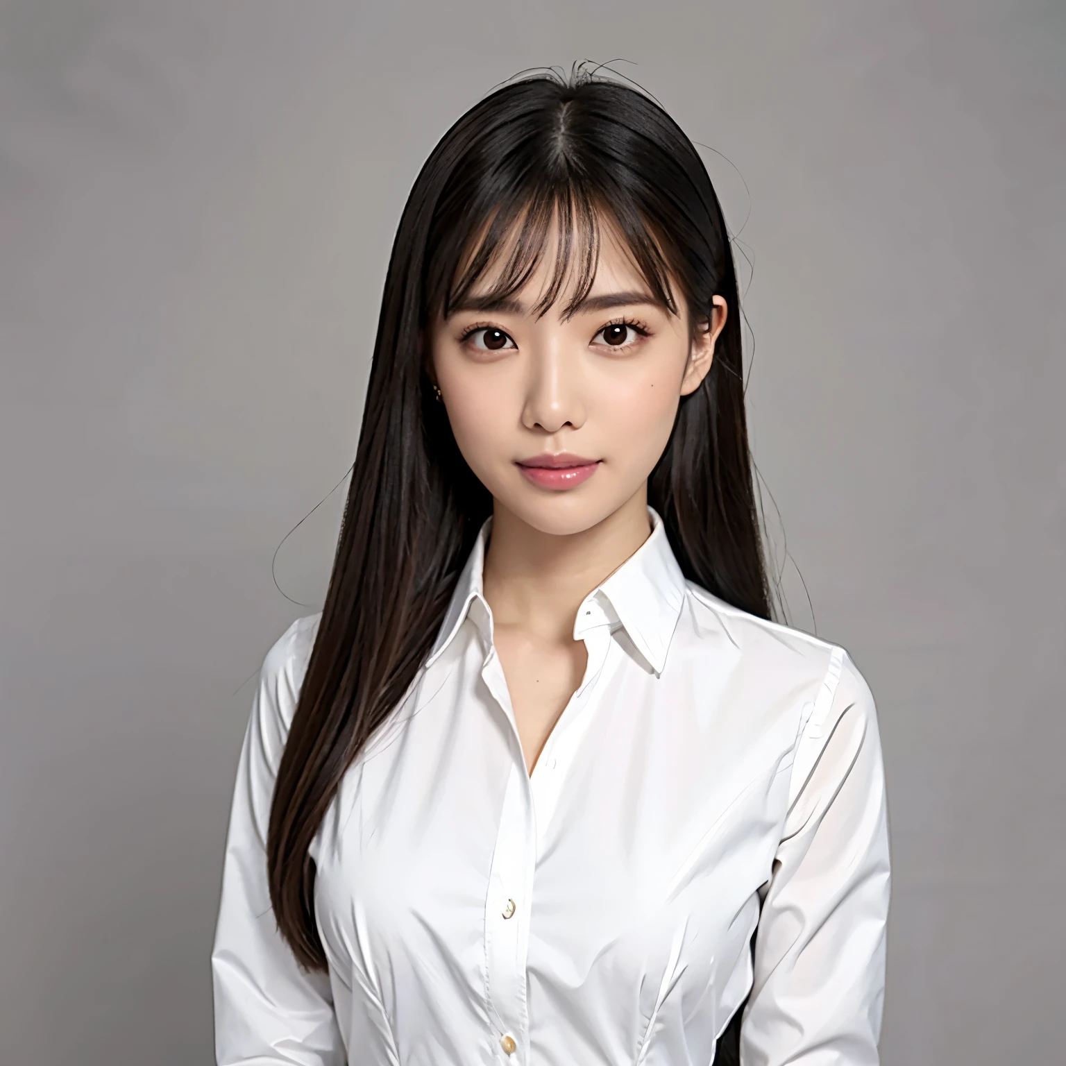 (highest quality、table top、8k、best image quality、Award-winning work)、1 beautiful woman、(formal straight medium hair:1.1)、(wearing a perfect white shirt made of polyester:1.1)、(Perfect and precise polyester long sleeve shirt:1.1)、smile looking at me、(big breasts:1.1)、(emphasize body line:1.1)、(Above the chest photo 1.2)、(A woman perfectly positioned in the center of the screen:1.1)、(look straight at me from the front:1.1)、(Upright posture facing me directly:1.3)、(Stand upright and face straight ahead.:1.3)、elegant makeup、Ultra high definition beauty face、ultra high definition hair、Super high-definition sparkling eyes、Super high resolution glossy lips、accurate anatomy、very beautiful skin、Super high-definition glowing beautiful skin、(Simple background in pure white:1.2)、(The most elegant and perfect frontal upright posture:1.2)