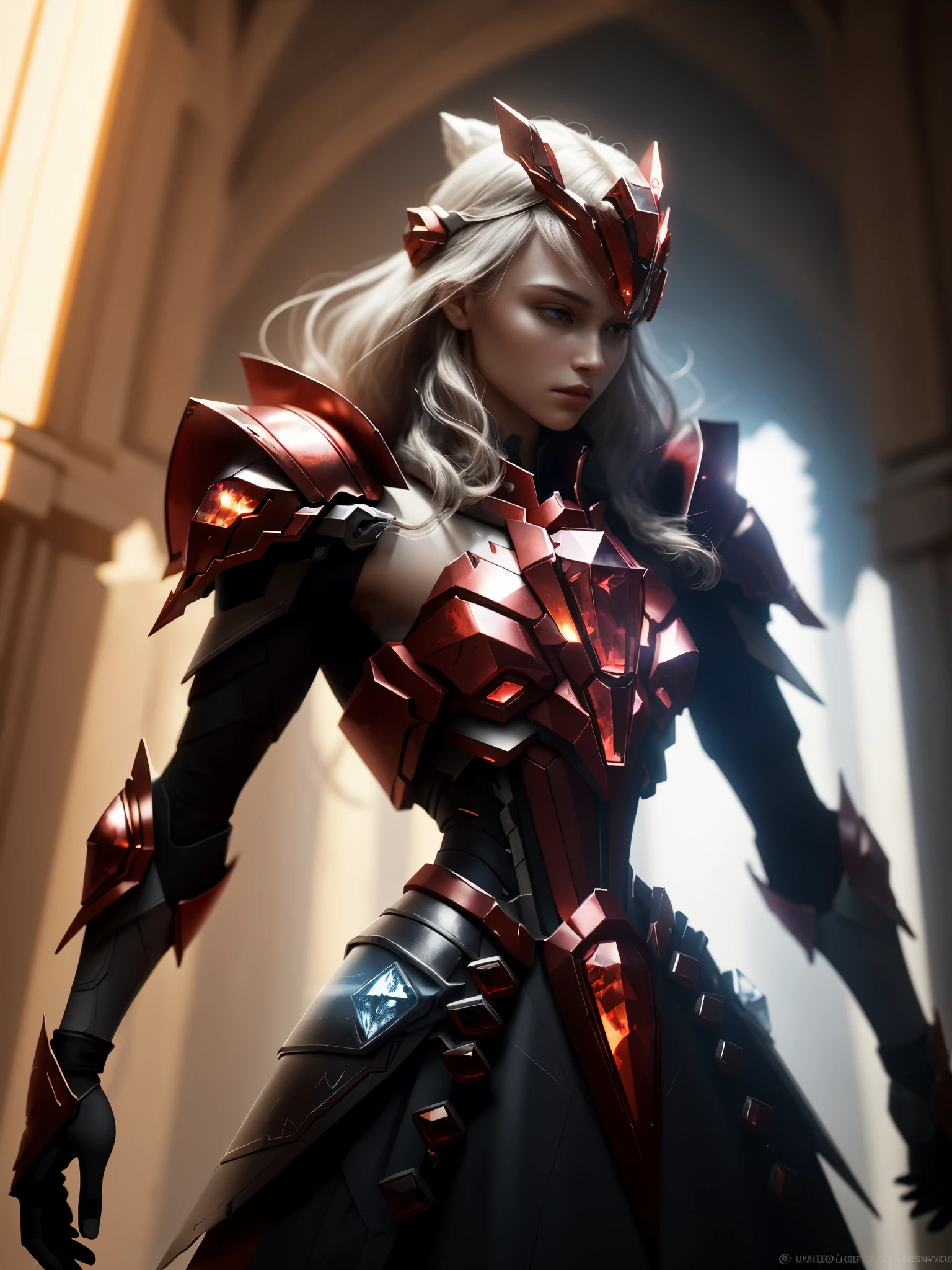 world style，Armor girl，Crystal material（3D rendered armor，refractive index：1.76 - 1.78，Albedo：0.03 - 0.05，ambient light：Between 20-50，color：deep red, Medium saturation，Type of light：ambient light：1.2，Light source color：Northern Lights，Light source intensity：between 1 - 2，Light source direction：Adjust the position and direction of the light source appropriately according to the shape and material of the object，Number of light sources：2 - 3 light sources
）Crystal exoskeleton，red cloak，beautiful female knight，detailed fantasy art，red crystal armor，（red crystal：15），（red 0.5），（crystal texture：1.5），smooth surface，high transparency，HD晰度，Texture and details inside the material，Piezoelectric effect，逆Piezoelectric effect，Optical diffraction，amazing armor，2.5D CGI fantasy artwork， 4K detail fantasy，high detail, Surrealism, Cubism, Constructivism, chiaroscuro, Ray tracing, backlight, Stereo view, light, UHD, retina, masterpiece, precise, anatomically correct, high resolution, best quality, textured skin, HD, 4k