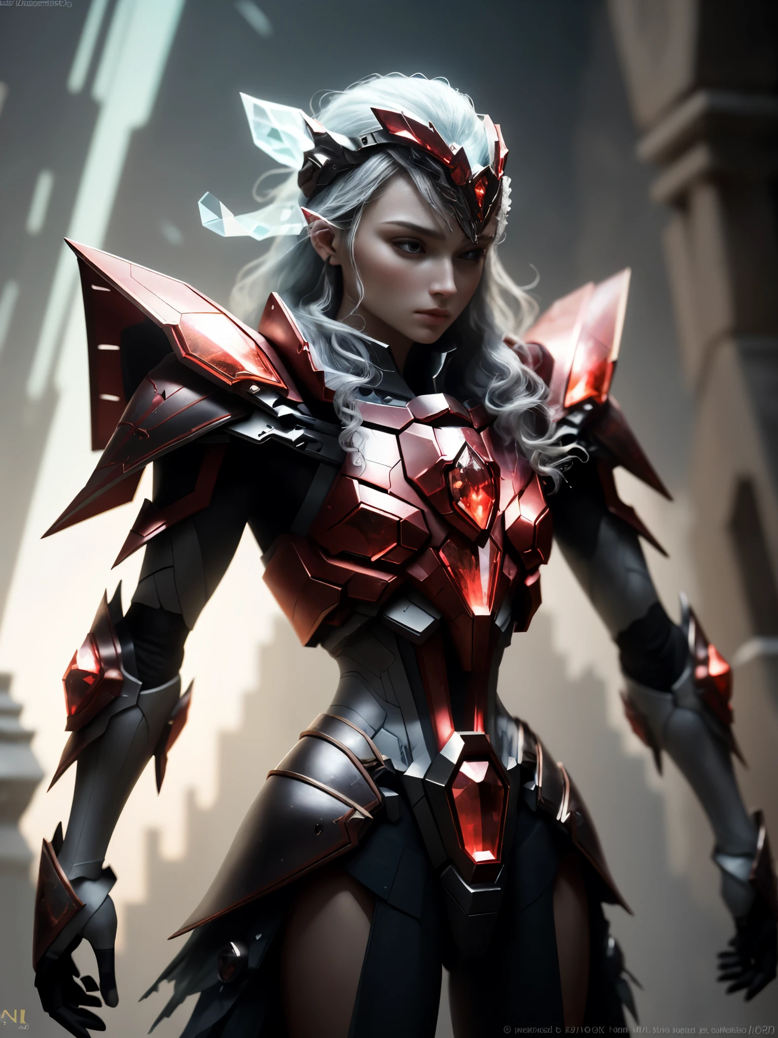 world style,Armor girl,Crystal material(3D rendered armor,refractive index:1.76 - 1.78,Albedo:0.03 - 0.05,ambient light:Between 20-50,color:deep red, Medium saturation,Type of light:ambient light:1.2,Light source color:Northern Lights,Light source intensity:between 1 - 2,Light source direction:Adjust the position and direction of the light source appropriately according to the shape and material of the object,Number of light sources:2 - 3 light sources
)Crystal exoskeleton,red cloak,beautiful female knight,detailed fantasy art,red crystal armor,(red crystal:15),(red 0.5),(crystal texture:1.5),smooth surface,high transparency,HD晰度,Texture and details inside the material,Piezoelectric effect,逆Piezoelectric effect,Optical diffraction,amazing armor,2.5D CGI fantasy artwork, 4K detail fantasy,high detail, Surrealism, Cubism, Constructivism, chiaroscuro, Ray tracing, backlight, Stereo view, light, UHD, retina, masterpiece, precise, anatomically correct, high resolution, best quality, textured skin, HD, 4k