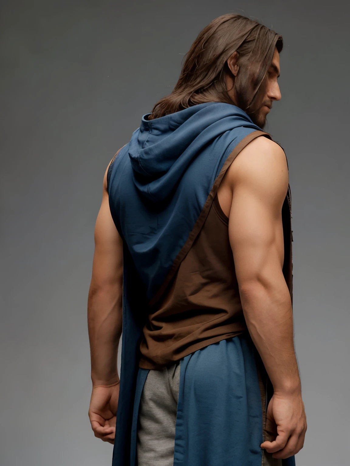 Back view of a medieval man with long dark hair in sleeveless brown shirt and blue hooded cloak drawing a sketch