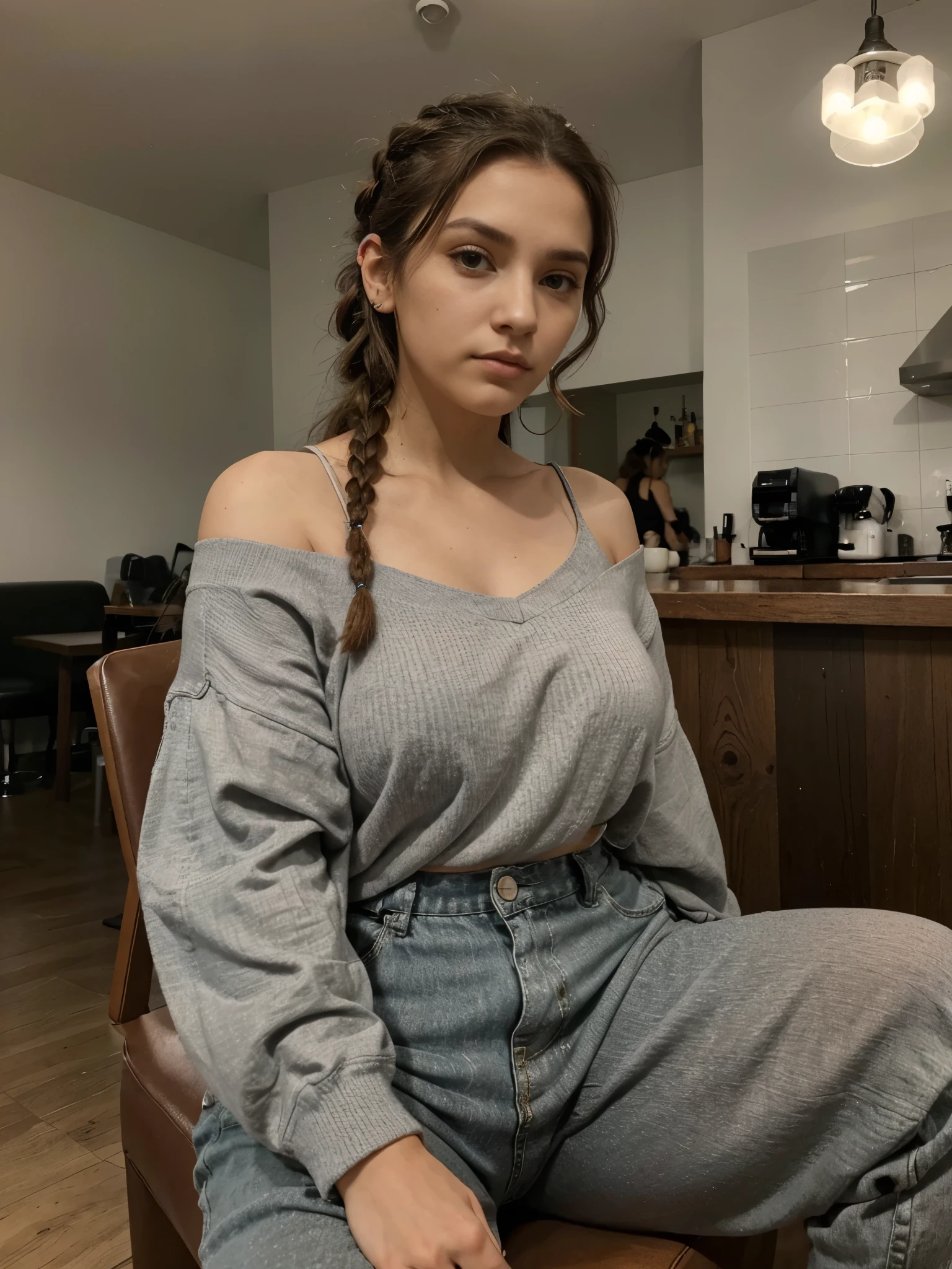Mujer hermosa delgada y alta, cabello largo de que se extiende hasta debajo de sus hombros, color de cabello celeste, sujetador de trenzas en la parte trasera y frente a su rostro que cubre su ojo derecho, cejas finas, color de ojo gris, piercing tragus en la oreja izquierda, enterizo largo negro de mangas largas y torso ajustado, cuello alto, puffed shoulders with loose-fitting trousers that fit to your calves, pechos grandes, trasero grande, sitting in a coffee shop