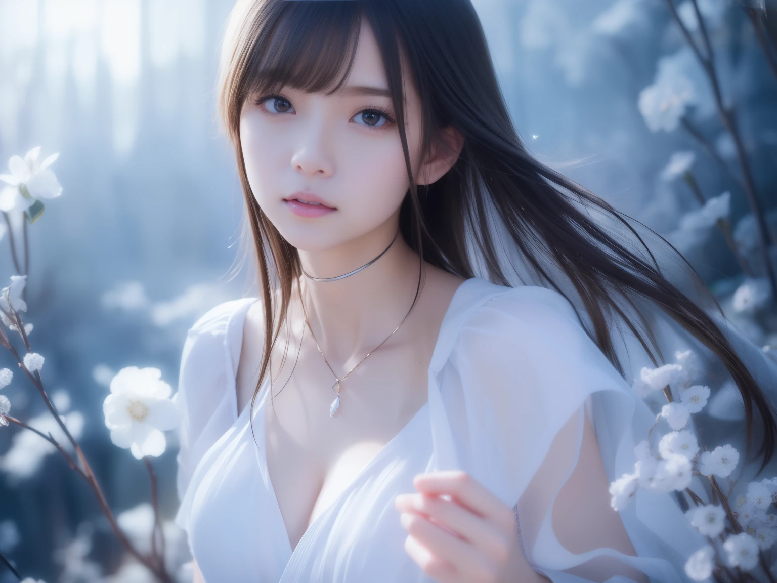 (((1 girl)))、glass dress、plastic dress，see-through transparent clothing，Glass texture，light shines，color transparent，hair ornaments、choker necklace、gem、cute face、Physically、Tyndall effect、Realistic、shadow studio、edge light、two-color lighting、（high detail skin：1.2）、8k, ultra hd、Digital single-lens reflex camera、soft writing、expensive、expensive品質、volume light、Voyeurism、photore、High resolution、4k、8k、The background is blurred，highest quality、master piece、High resolution、