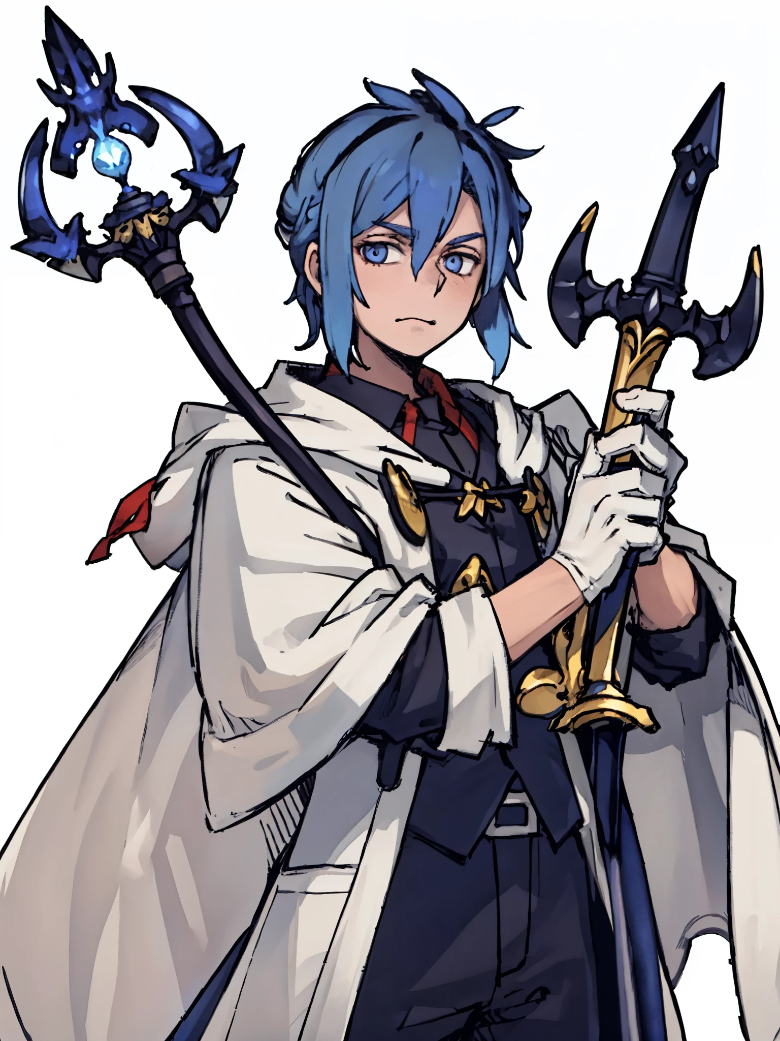 A male mage，front,(,(Half body),(blue hair),(Magic robes)),Holding the staff，white cloak，Sword and magic style，Different world，middle Ages，White background