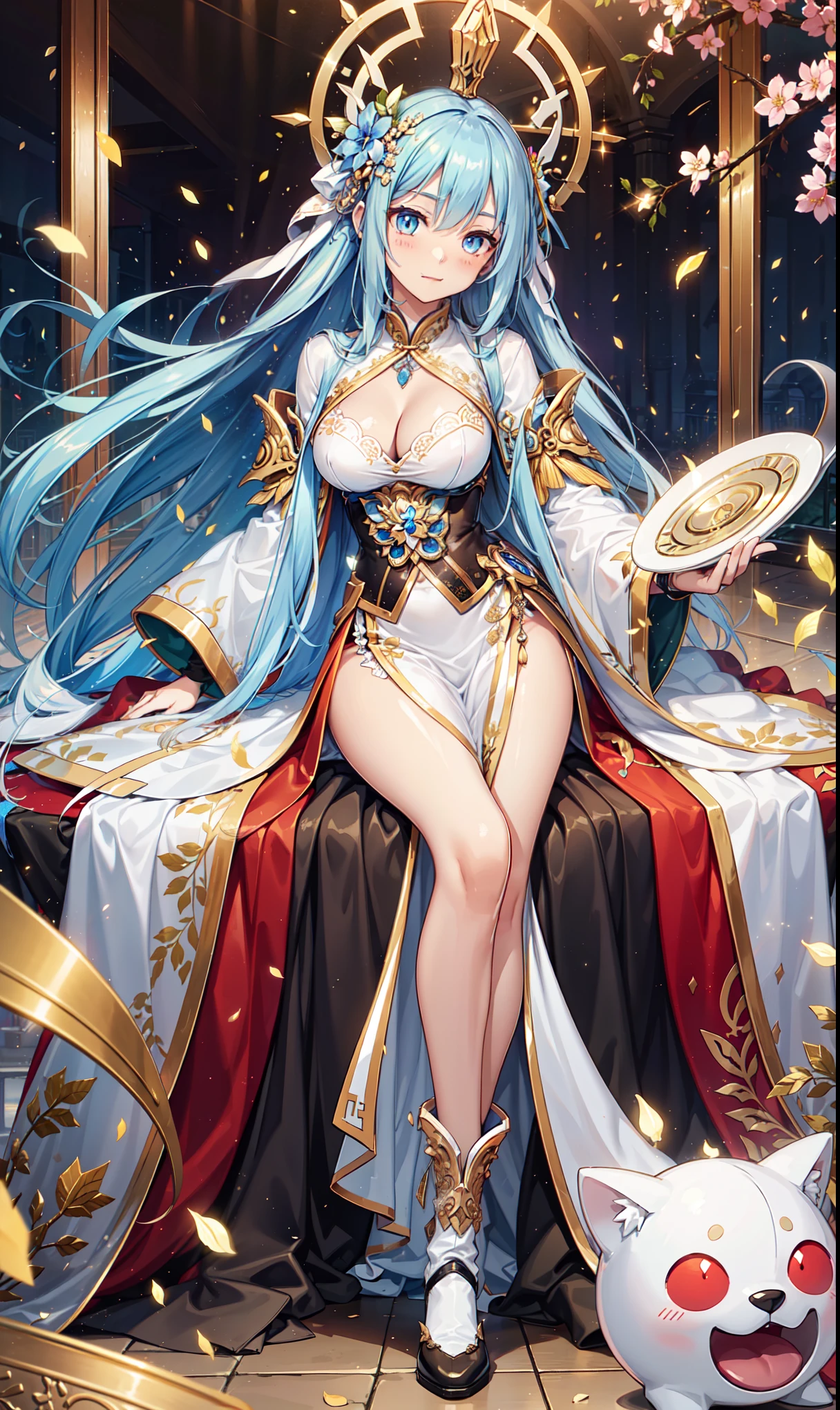 Virgin,Elegant and charming,hapiness,in love,(Transparent colorful Hanfu,Sophisticated and gorgeous design),black gloves,silver hair,blue eyes,see through transparent clothes,Exquisite hair accessories,Transparent lace,Engraving pattern,dress nicely,The background is an old Chinese palace,Inside the hall,elegant posture,night,carved boots,Super super details,Divine magic,light particles,Exquisite and beautiful face and eyes
