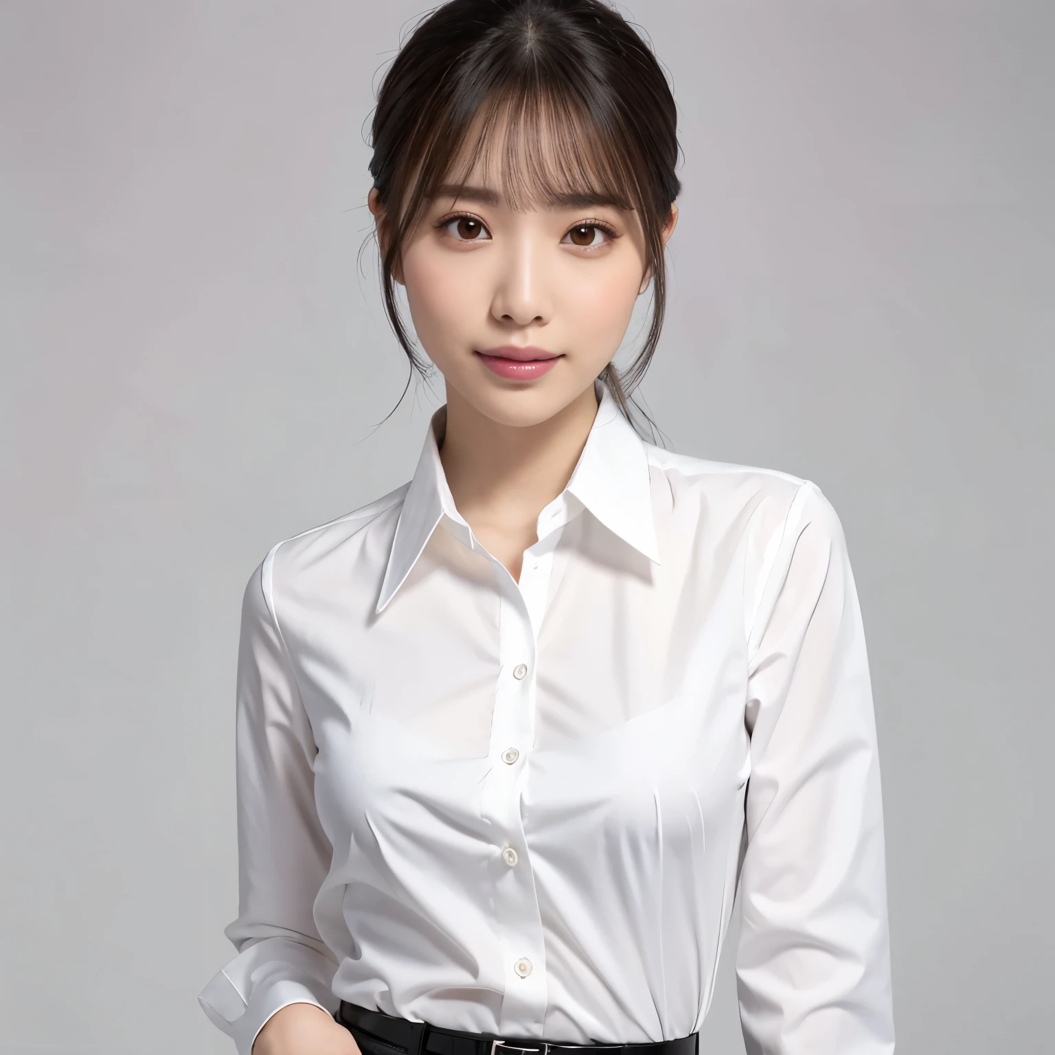 (highest quality、table top、8k、best image quality、Award-winning work)、1 beautiful woman、(formal straight medium hair:1.1)、(wearing a perfect white shirt made of polyester:1.1)、(Perfect and precise polyester long sleeve shirt:1.1)、look at me and smile、(big breasts:1.2)、(emphasize body line:1.2)、(Enlarged view of face 1.3)、(A woman perfectly positioned in the center of the screen:1.1)、(look straight at me from the front:1.3)、(standing upright towards me:1.3)、(stand upright and look straight ahead.:1.3)、elegant makeup、Ultra high definition beauty face、ultra high definition hair、Super high-definition sparkling eyes、Super high resolution glossy lips、accurate anatomy、very beautiful skin、Super high-definition glowing beautiful skin、(Pure white simple background:1.5)、(The most elegant and perfect standing posture:1.2)