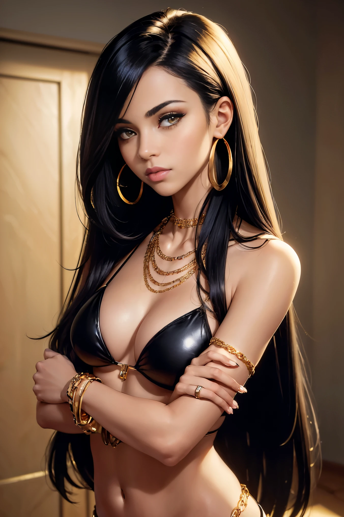 ((((masterpiece)))), high quality, very_high_resolution, large_filesize, full color, bikini, gold eyes, black hair, medium length hair, silver bracelet, Cuban link necklace, cute, adorable, beautiful, high contrast, colorful, 5 fingers, slim body, jewelry, long hair, bobbed haircut, hoop gold earrings, 18 year old girl, young