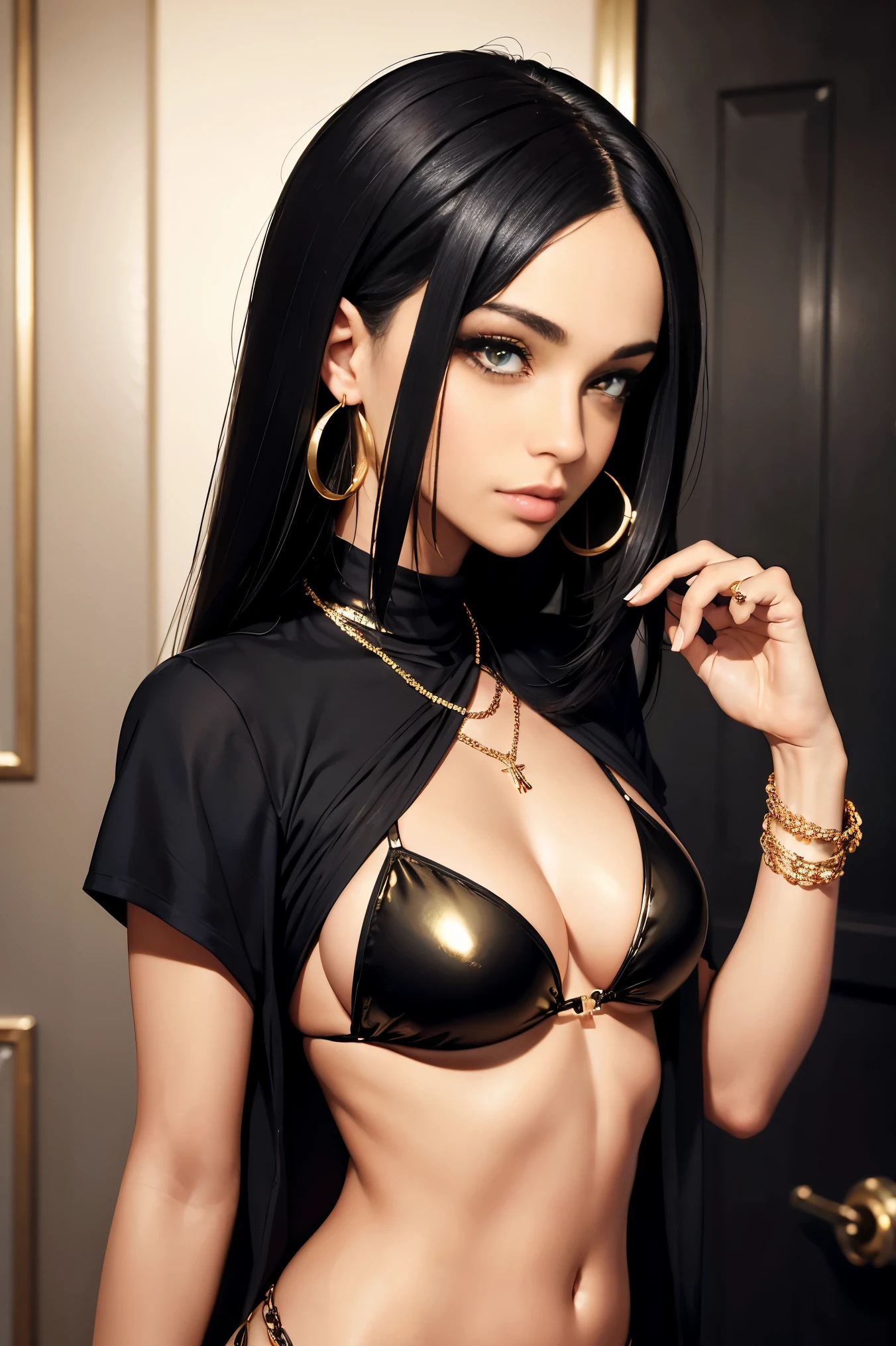 ((((masterpiece)))), high quality, very_high_resolution, large_filesize, full color, bikini, gold eyes, black hair, medium length hair, silver bracelet, Cuban link necklace, cute, adorable, beautiful, high contrast, colorful, 5 fingers, slim body, jewelry, long hair, bobbed haircut, hoop gold earrings, 18 year old girl, young, bobbed haircut