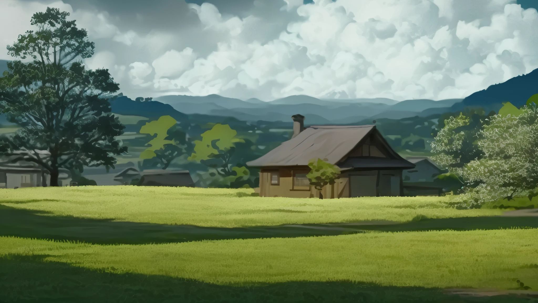 There is a picture of a house in the middle of the field., distant village background, anime countryside scenery, town background, anime background, anime scenery, anime movie background, anime background art, anime scenery, 2 0 1 9 anime screenshots, anime yurucamp, anime background key visual, house background, Today's featured anime is still, studio ghibli environment, ghibli studio style