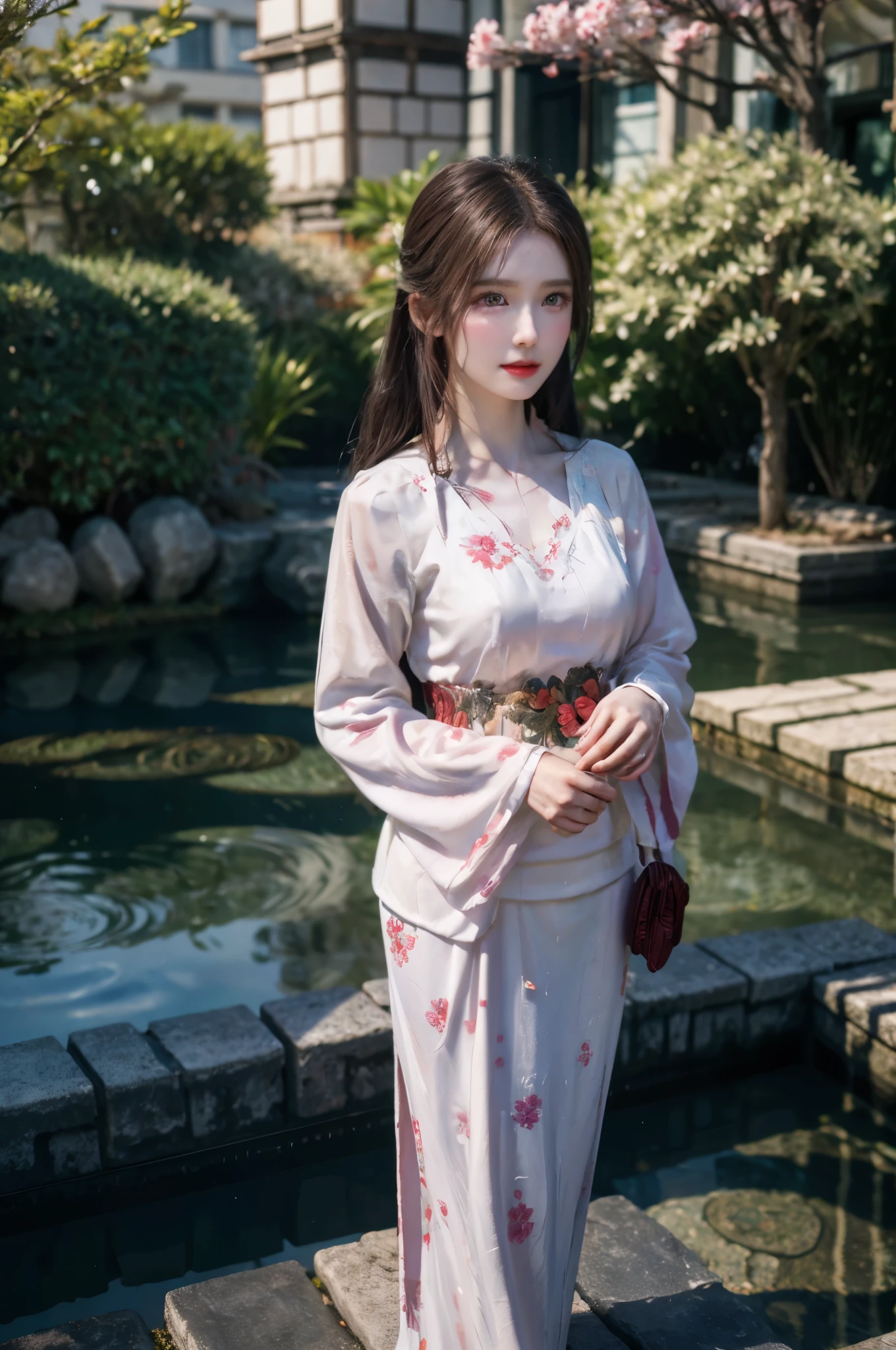 An arafe woman wearing a dress with a white hat and red lips, pale white skin like porcelain, Gweiz, Gweiz masterpiece, artwork in the style of Gweiz, soft portrait shot 8k, white skin like porcelain, Written by Russell Dongjun Lu, pale milky white porcelain skin, Elegant woman with alabaster skin、Plump body shape、face is small