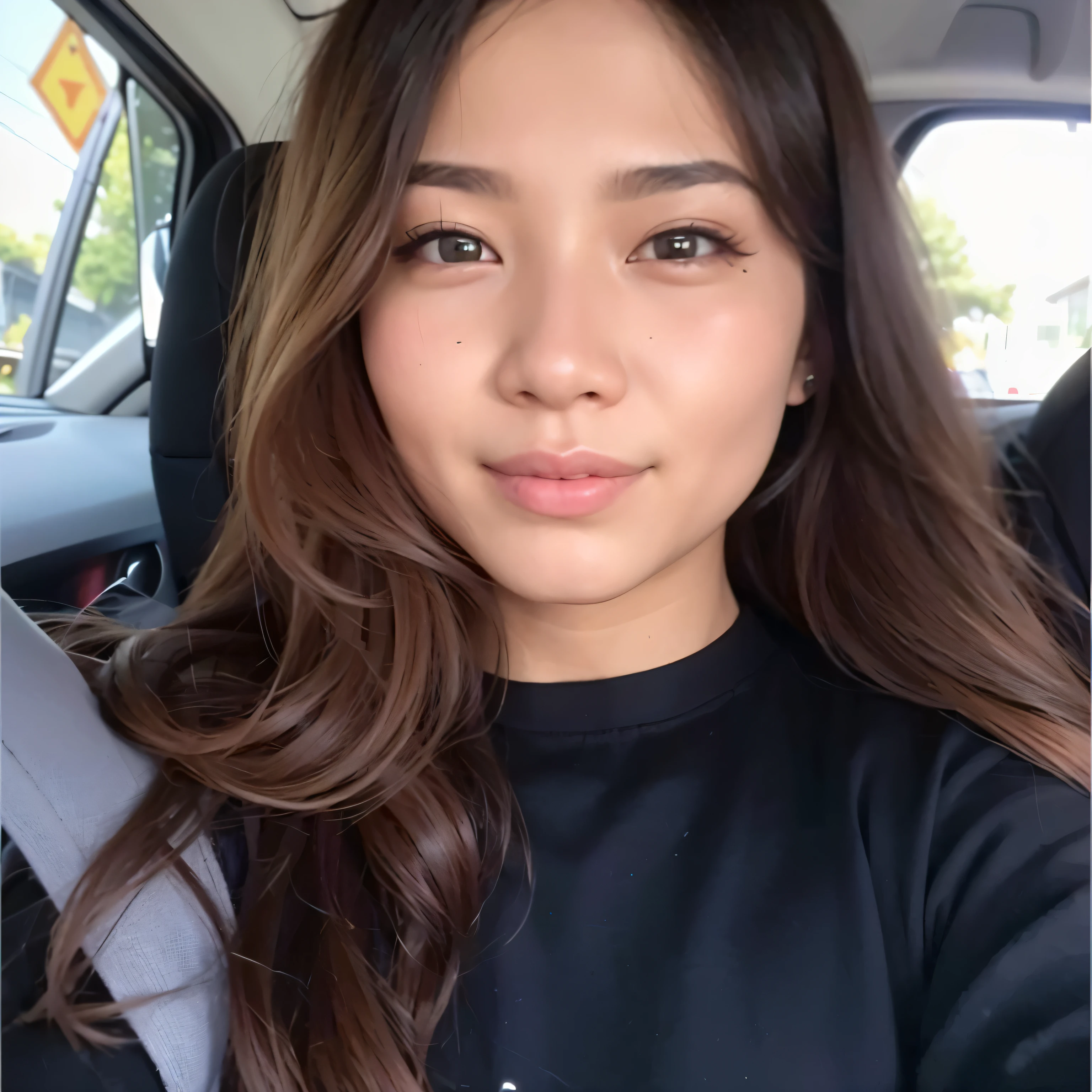 a close up of a woman sitting in a car with a black shirt, south east asian with round face, 1 8 yo, without makeup, mai anh tran, with round face, asian face, 2 7 years old, a young asian woman, nivanh chanthara, 2 8 years old, young cute wan asian face, an asian woman