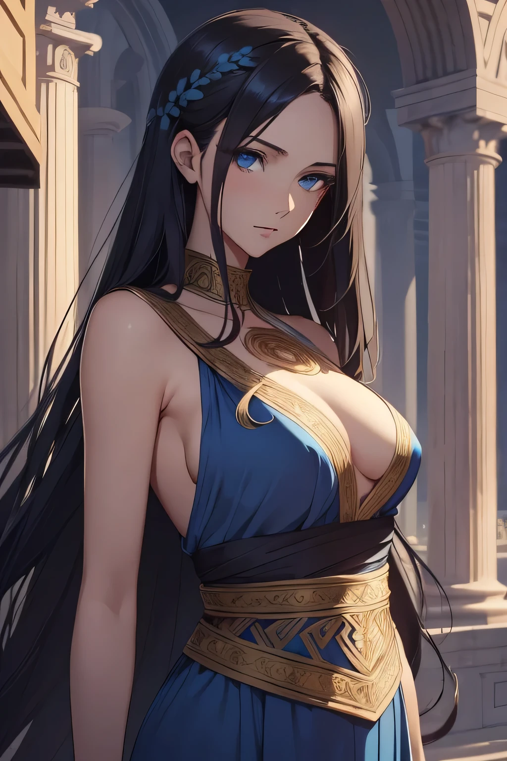1 beautiful woman, fair skin, long dark hair, blue eyes, medium breasts, wearing greek toga, elegant, sensual, sideboob, (masterpiece, top quality, best quality, official art, beautiful and aesthetic:1.2), extreme detailed, colorful, highest detailed