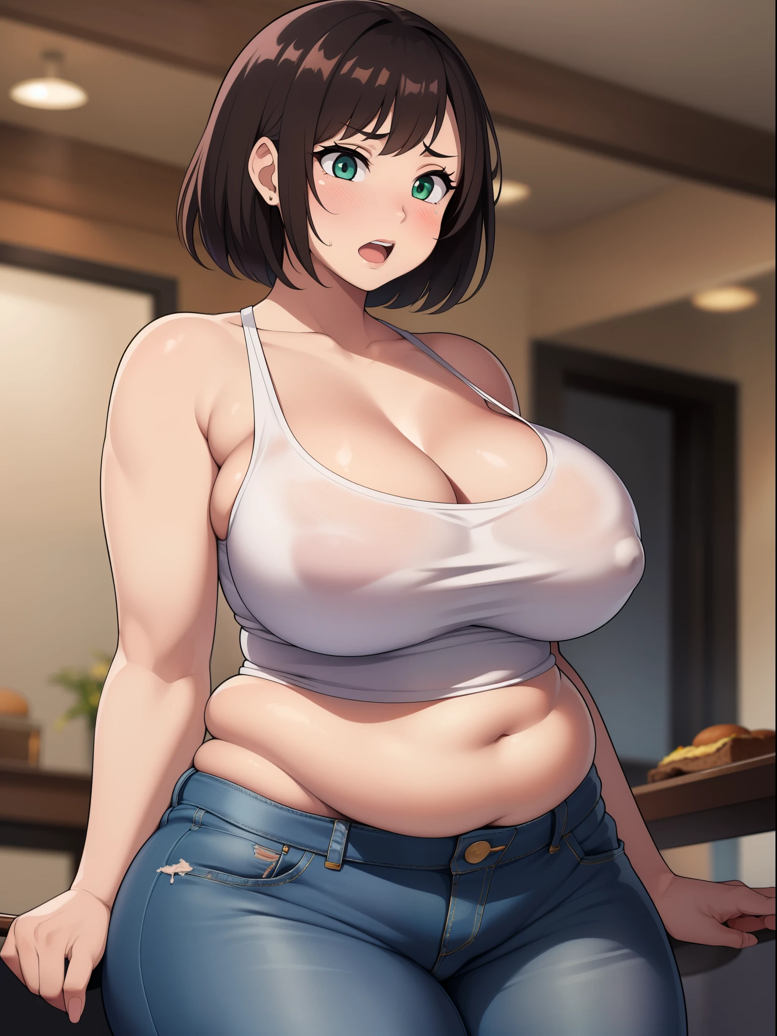 ((high res)), (Masterpiece), perfect anatomy, perfect shading, field of depth, (best quality), extremely delicate and beautiful, perfect lighting, detailed face, ultra cute face, cute, (cowboy shot 1.2), looking at viewer, full body, ((1girl)), ((solo)),
has short hair, fluffy hair, brown hair, green eyes, ((blush)), embarrassed, surprised, (white tank top 1.2), (jeans 1.2), extremely tight clothes, medium breasts, cleavage, perky breasts, (((wide hips))), ((thick thighs)), , (chubby), chubby belly, fat rolls, belly hang,
Fast food restaurant, intricate background, detailed background,