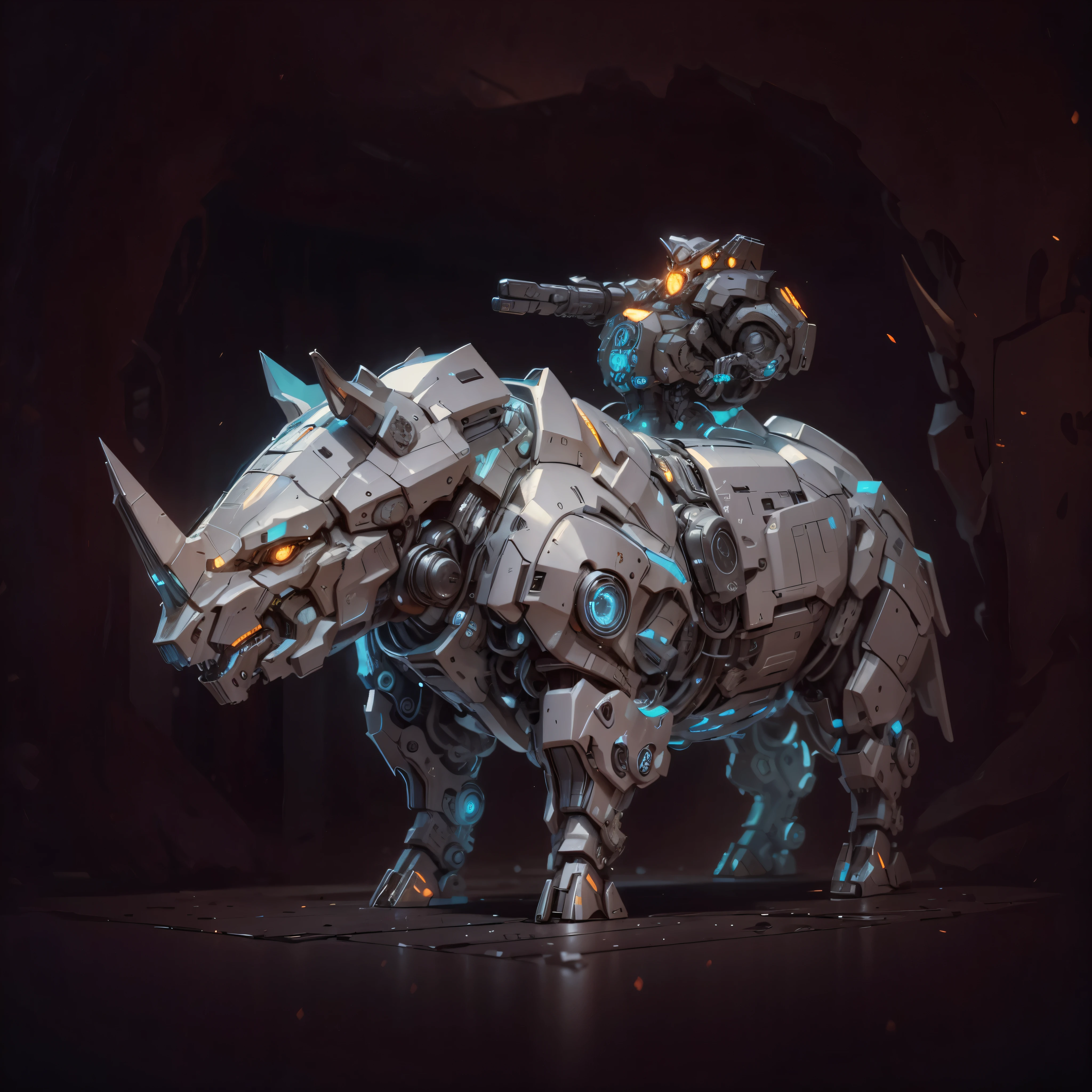 (futuristic:1.5,cyberpunk), Mechanical rhinoceros, glowing eyes, realistic scifi cyberpunk armo, gun, (clear lines:1.2,Very detailed:1.2,ultra precision:1.3),Reasonable structure,backlight, close up, dark background, mechanical components,cybernetic, complicated,Selective focus, blurred background, high resolution