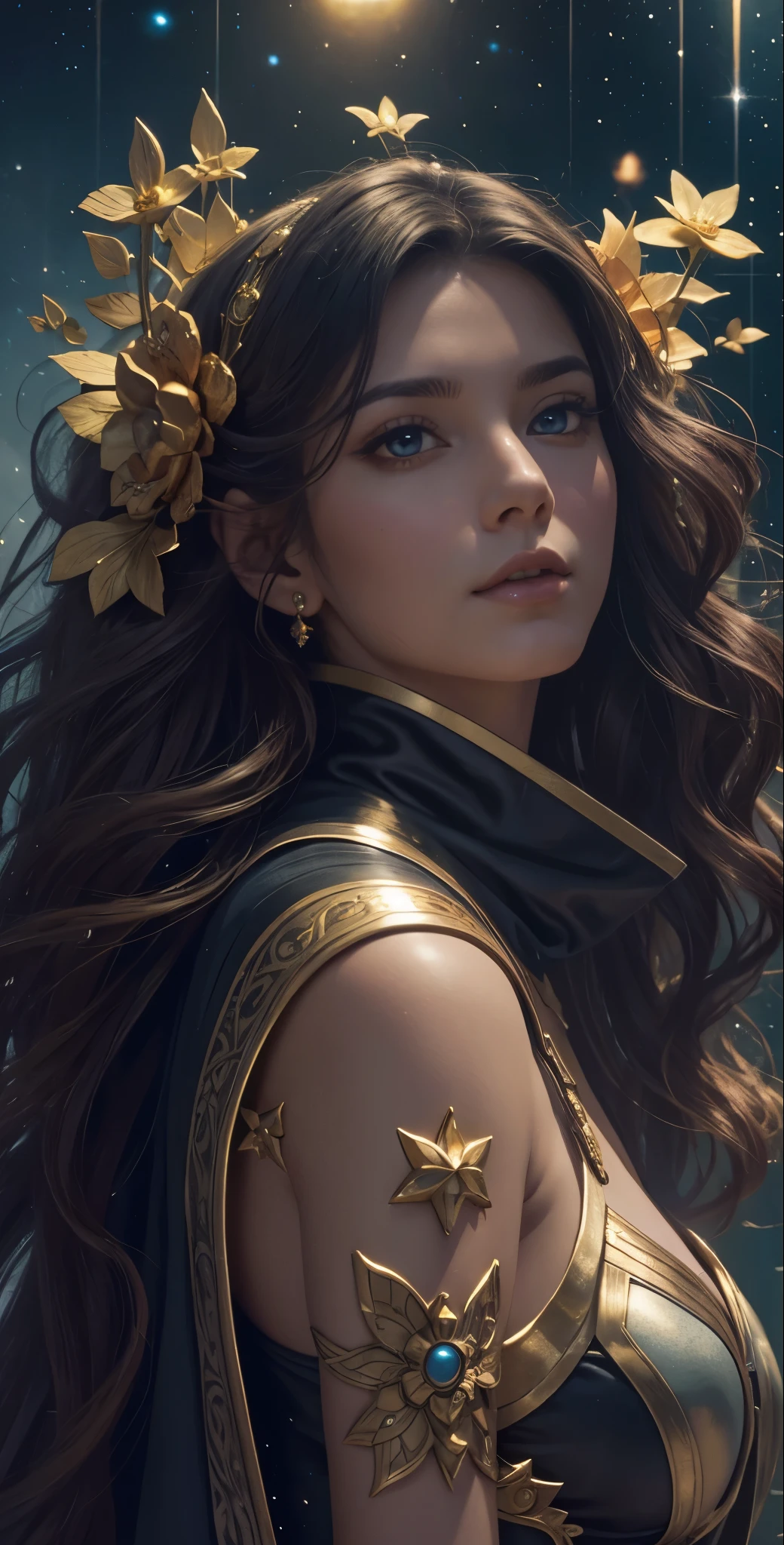 Space Mother, fairy girl guarding the fountain of youth, skimpy silk like gaussian robe and shin guards, 24k resolution, professional oil paint artist, highly detailed, hyperdetailed, bordering on photorealism, fantasy art style of Keith Parkinson, Remix, RNDMTV