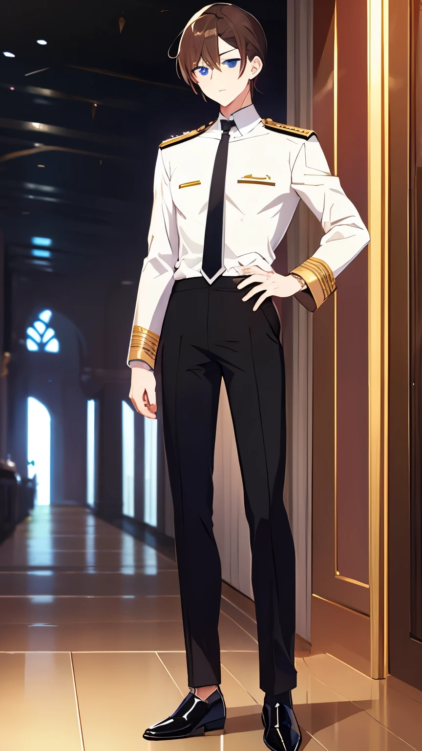 masterpiece、highest quality、Standing picture、whole body、Character Design、Handsome guy、1 male、tall、long legs、brown hair、short hair、blue eyes、white shirt、black tie、gold tie pin、epaulettes、black slacks、wearing black leather shoes、