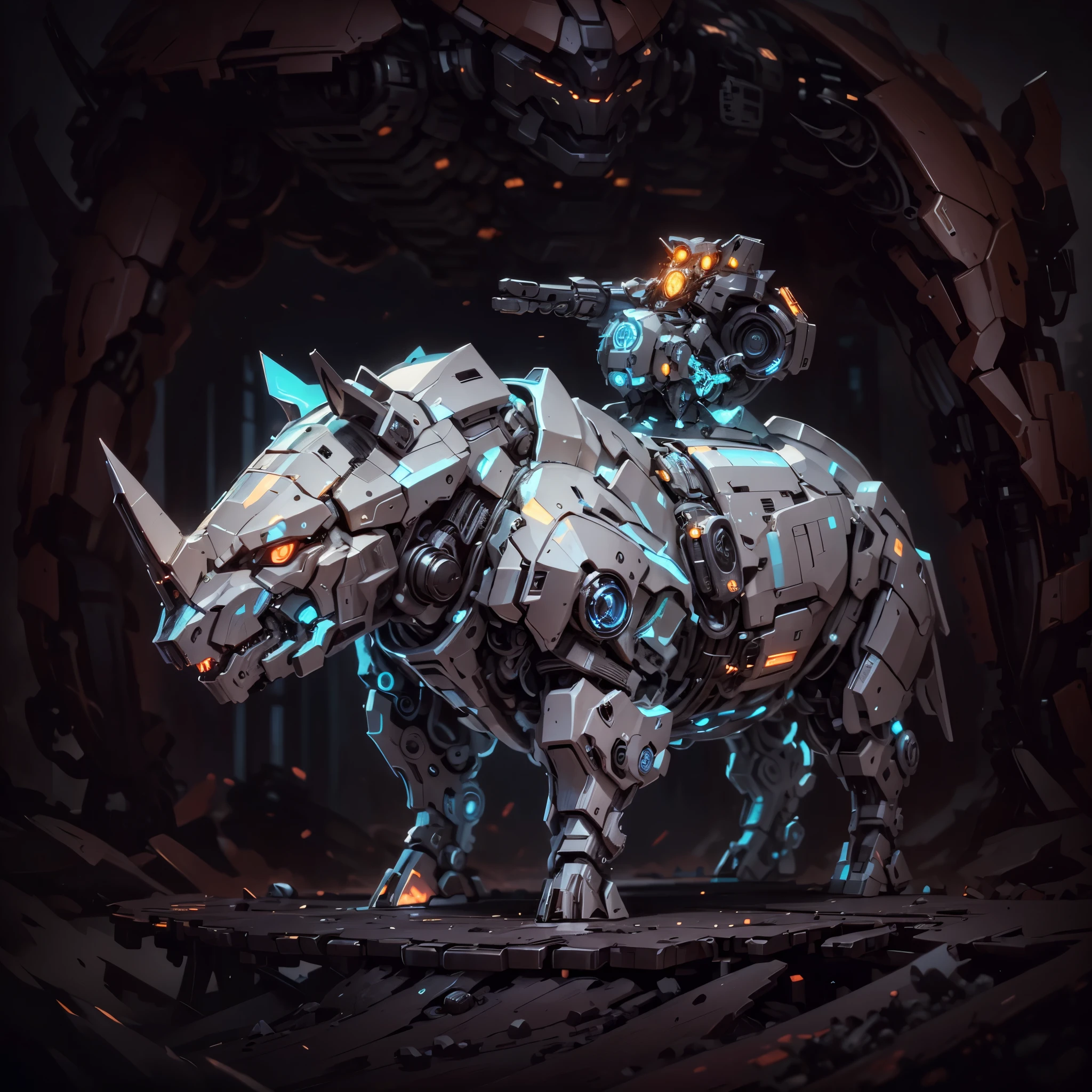 (futuristic:1.5,cyberpunk), Mechanical Rhinoceros, Glowing eyes, realistic scifi cyberpunk armo, gun, (Clear lines:1.2,highly detailed:1.2,Ultra precision:1.3),Reasonable structure,backlight, close up, dark background, Mechanical elements,cybernetic, complex,Selective focus, blurred background, high res