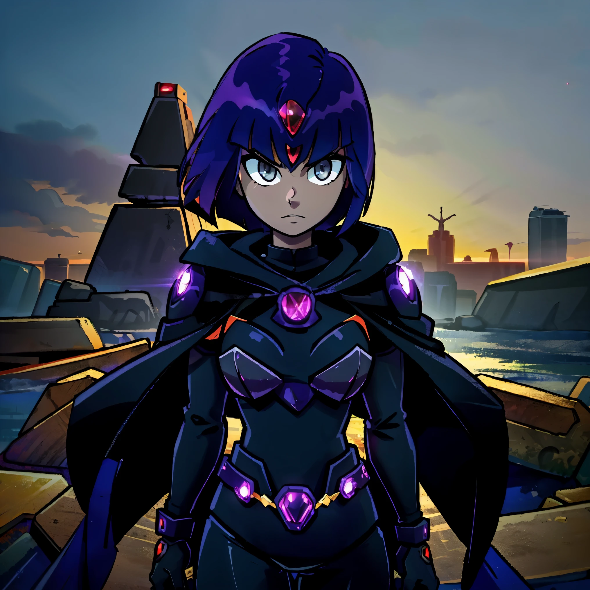 (best quality,4k,highres,masterpiece:1.2),ultra-detailed,(realistic,photorealistic,photo-realistic:1.37), Teen Titans cartoon-style Raven wearing heavy cyber armor and megaman-like armor, with a detailed depiction of beautiful purple hues on her black armored suit. Her skin is a striking shade of grey, contrasting with her vibrant dark purple hair. The armor is adorned with intricate red power gems, providing a visual power source. A large black cloak covers her head, her eyes watching in the shadow. Raven's face shows embarrassment. She wears a utility belt, equipped with various gadgets and tools. The scene is set against a backdrop of a dystopian cityscape, with dimly lit neon lights casting an eerie glow. The shadows add depth and intensity to the overall image, creating a dramatic atmosphere.