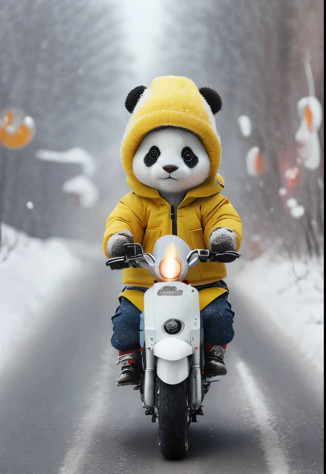 Arav rides his motorcycle in the snow on a snowy day, cute panda, 480p, 4 8 0 p, panda, panda panda panda, 7 2 0 p, 720p, 🚿🗝📝, cute toys, riding a motorcycle, riding a motorcycle, author:Yang Jie, 9 quack, child, adorable animal