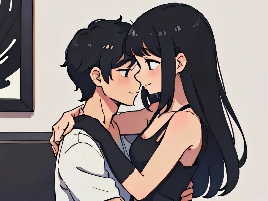 side view illustration of a girl having long black hair with bangs, cute hugging a guy having short messy hair, girl wearing a black dress sexy