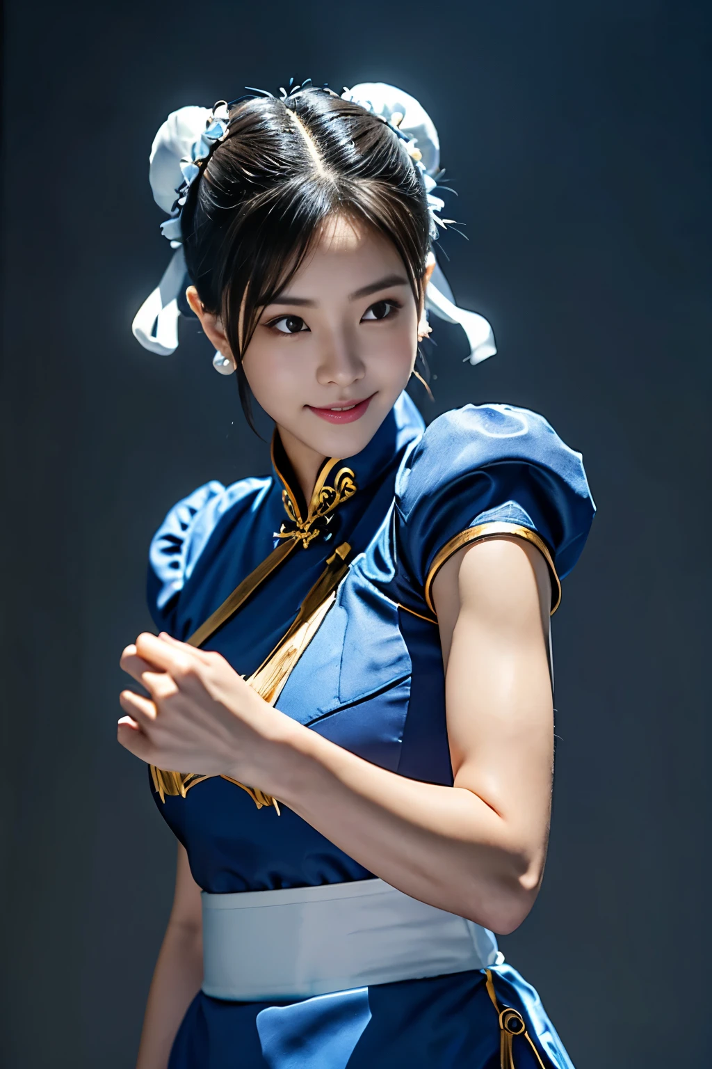 Chun-Li from Street Fight II,perfect chun li costume,Blue cheongsam with gold lines,Bun head,bun cover,fighting pose,masterpiece、1 beautiful girl、fine eyes、puffy eyes、highest quality, 超High resolution, (reality: 1.4), movie lighting、Japanese、asian beauty、Korean、super beautiful、beautiful skin、body facing forward、close up of face、(超reality的な)、(High resolution)、(8k)、(very detailed)、(美しくfine eyes)、(Super detailed)、 (wall-)、detailed face、bright lighting、professional lighting、looking at the viewer、look straight ahead、slanted bangs、Nogizaka Idol、korean idol、masterpiece, highest quality, masterpiece, highest quality, perfect face, perfect brown eyes with white sclera, bad move-5, alone, 1 girl, Upper body, brown hair, From SF2, Chinese service, smile, muscular woman, blue clothes, pantyhose, pelvic curtain, Puffy short sleeves, Good cover, sash, evaluation:safety