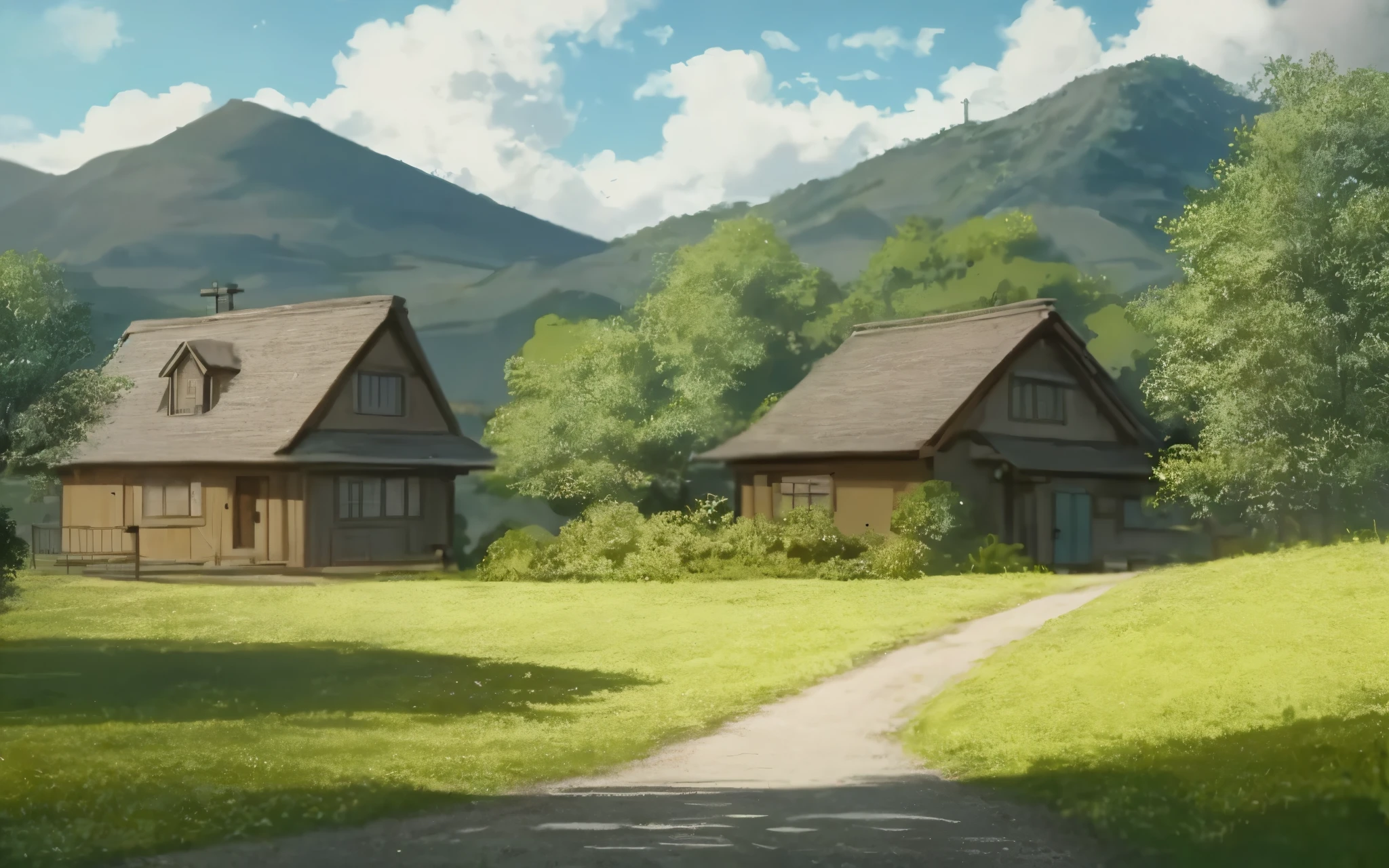 There is a picture of a house in the middle of the field., distant village background, anime countryside scenery, town background, anime background, anime scenery, anime movie background, anime background art, anime scenery, 2 0 1 9 anime screenshots, anime yurucamp, anime background key visual, house background, Today&#39;s featured anime is still, studio ghibli environment, ghibli studio style