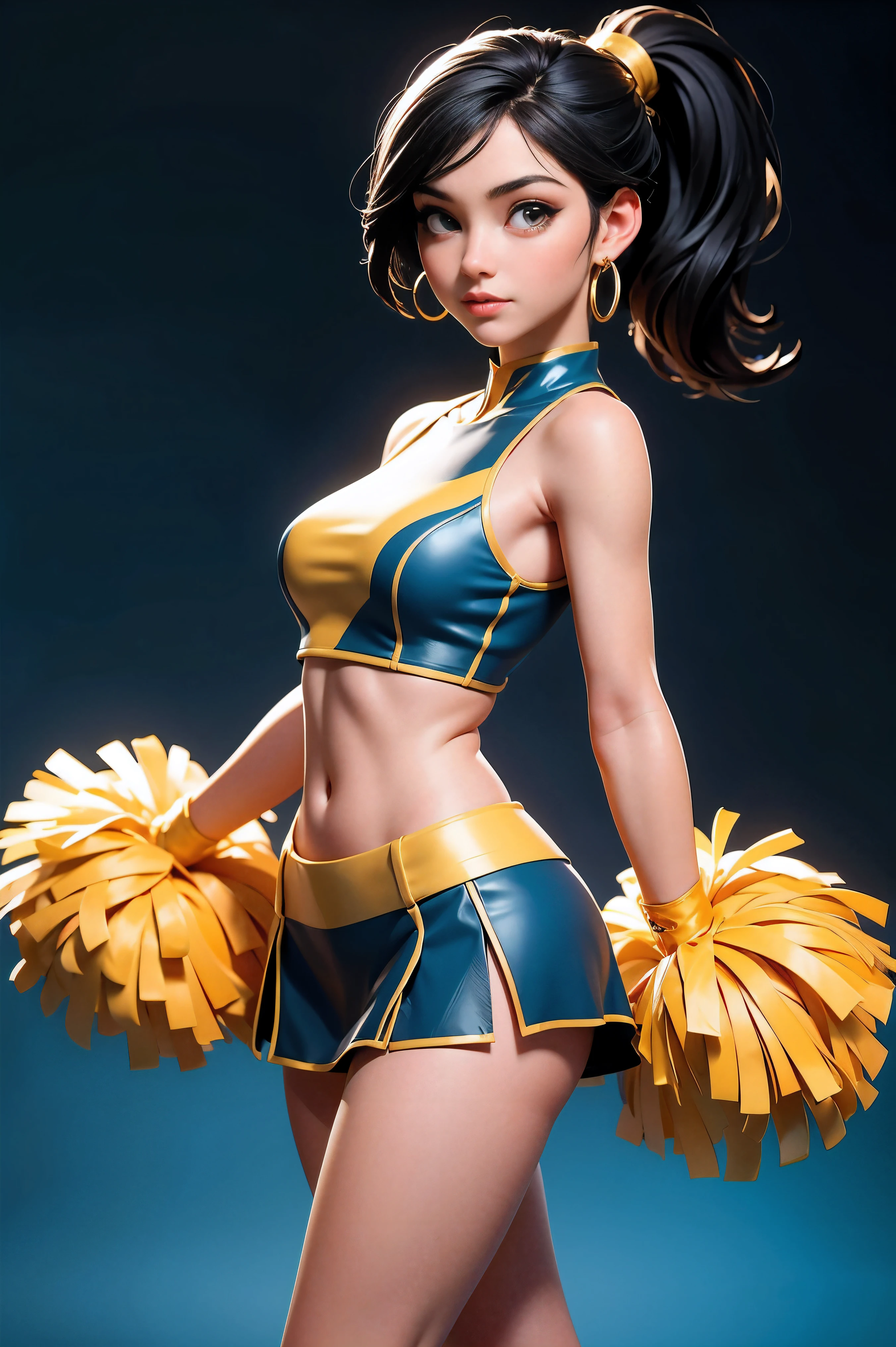 ((((masterpiece)))), high quality, very_high_resolution, large_filesize, full color, blue white and gold cheerleader outfit, gold eyes, cute, adorable, beautiful, high contrast, colorful, 5 fingers, slim body, jewelry, medium hair length, pony tail, hoop gold earrings, black hair, small breasts