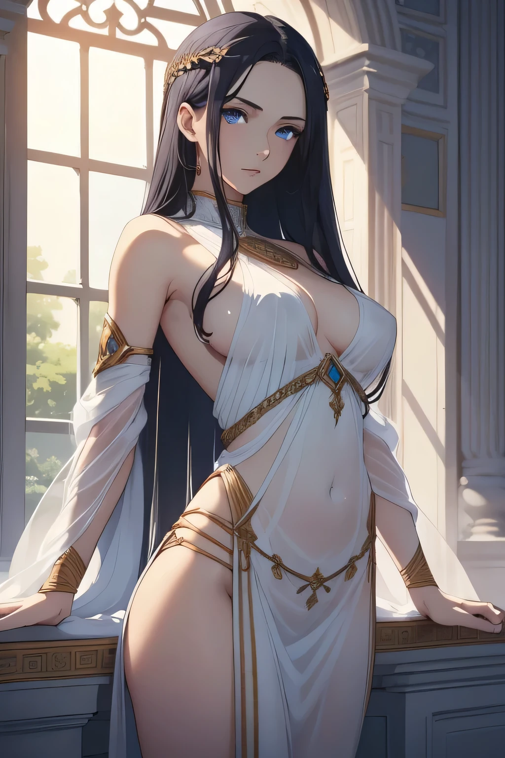 1 beautiful woman, fair skin, long dark hair, blue eyes, ((detailed eyes:1.2)), medium breasts, wearing translucent white greek toga, elegant, sensual, sideboob, (masterpiece, top quality, best quality, official art, beautiful and aesthetic:1.2), extreme detailed, colorful, highest detailed