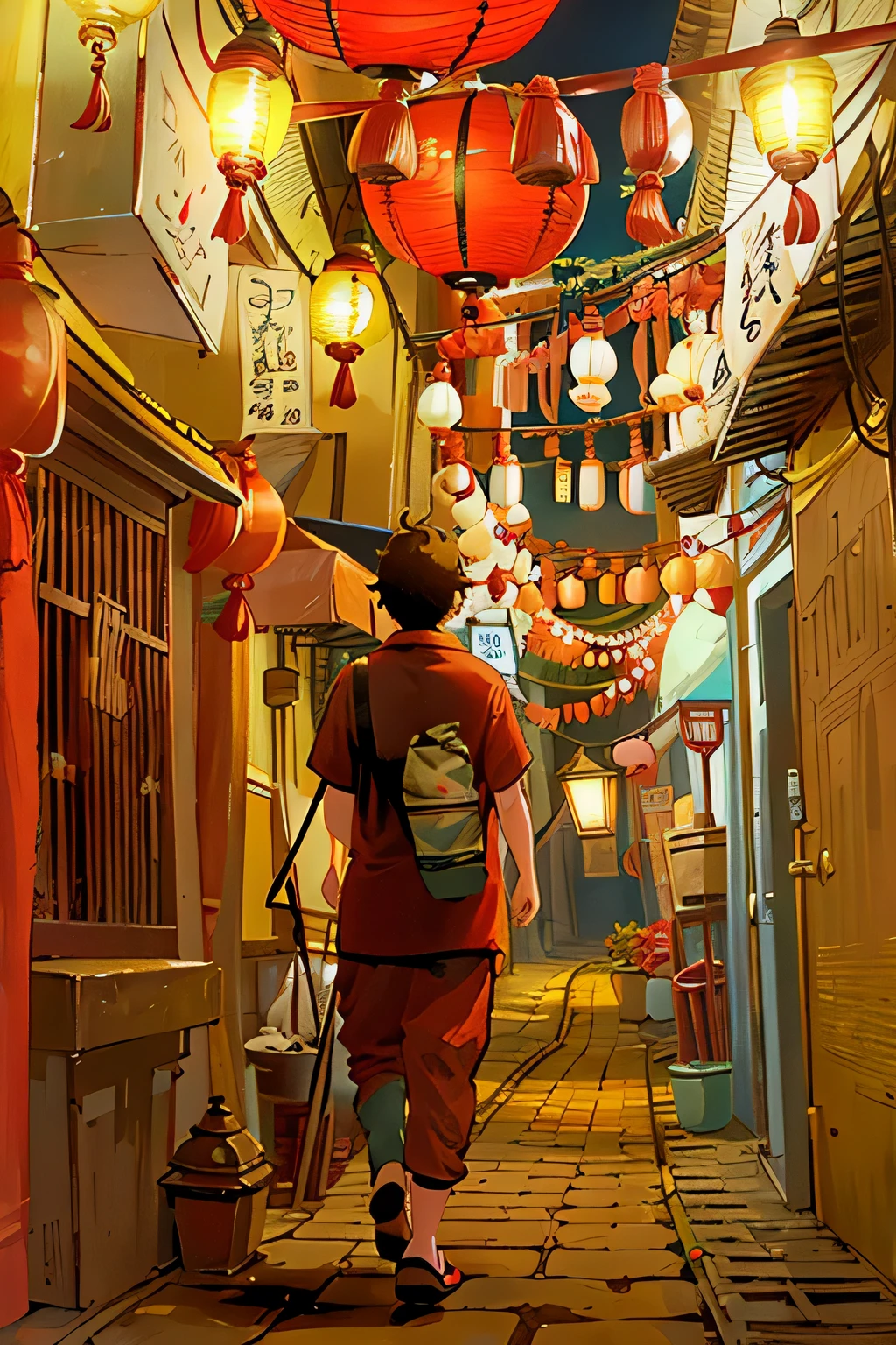 In narrow alleys,Arafad man stands under a row of lanterns, In a narrow Chinese alley, street lamp are shining, in an alley, like jiufen, street lamp glow, Hang lanterns, Red Lantern, Inspired by Weiwei, Wear old street clothes, standing in an alleyway, Chinese lantern, with paper lanterns, street lamp