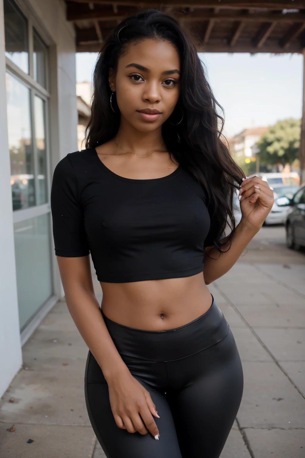 african girl, black ethnicity, wearing stretch and shirt top, wavy hair, , thick girl,sexy photo, in the piknik