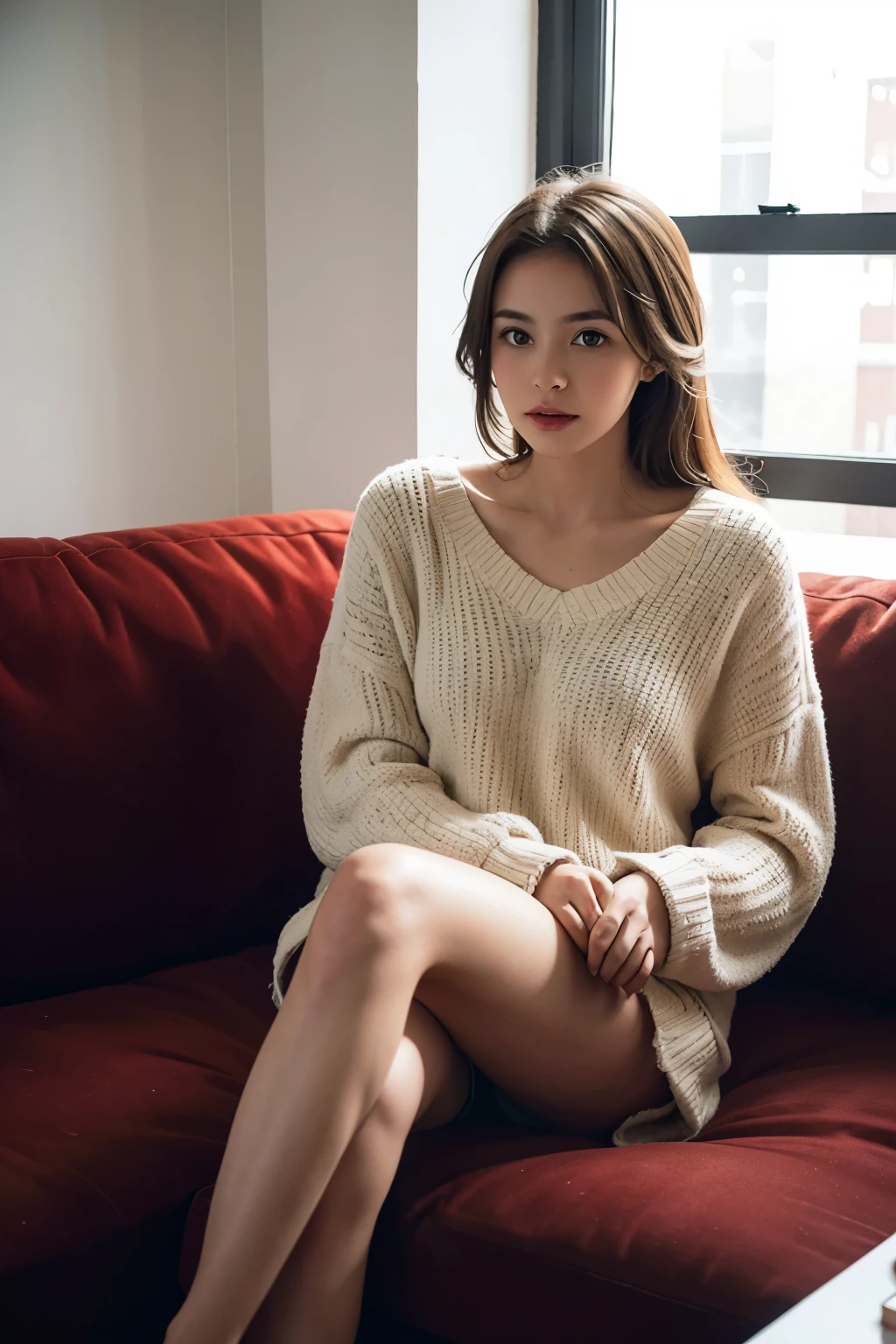 1 girl,sitting on a cozy sofa,cross your legs,soft light