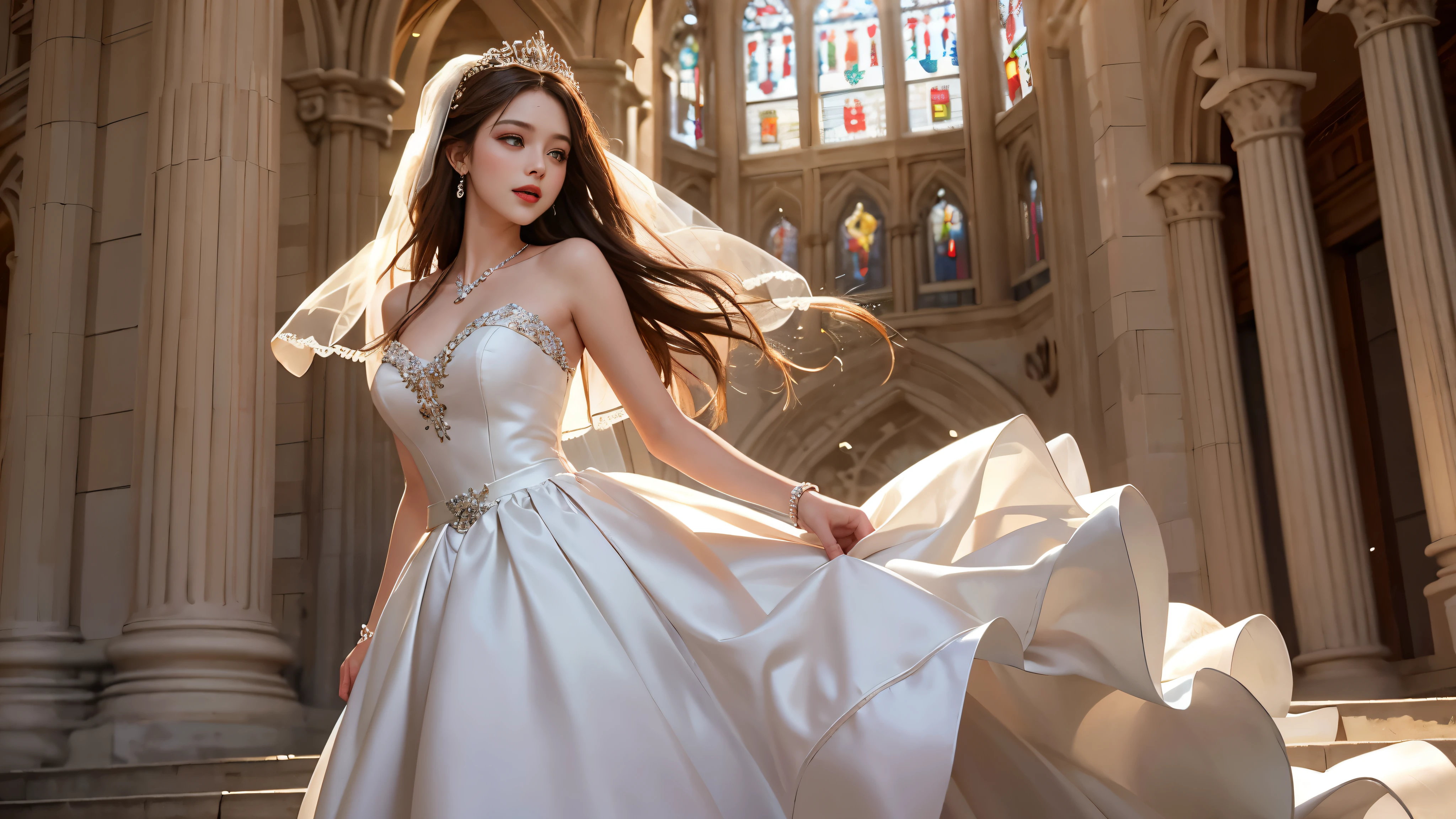 best quality, masterpiece, 1 girl, yak, Very pretty, cute, sweet, sun glare, Conservative attire, Beaded wedding dress that covers the shoulders, bridal veil, bridal tiara, thin collarbone, red lips, depth of field, blurred background, Cathedral Background, light particles, strong wind, head tilt, long hair, If you look to the right