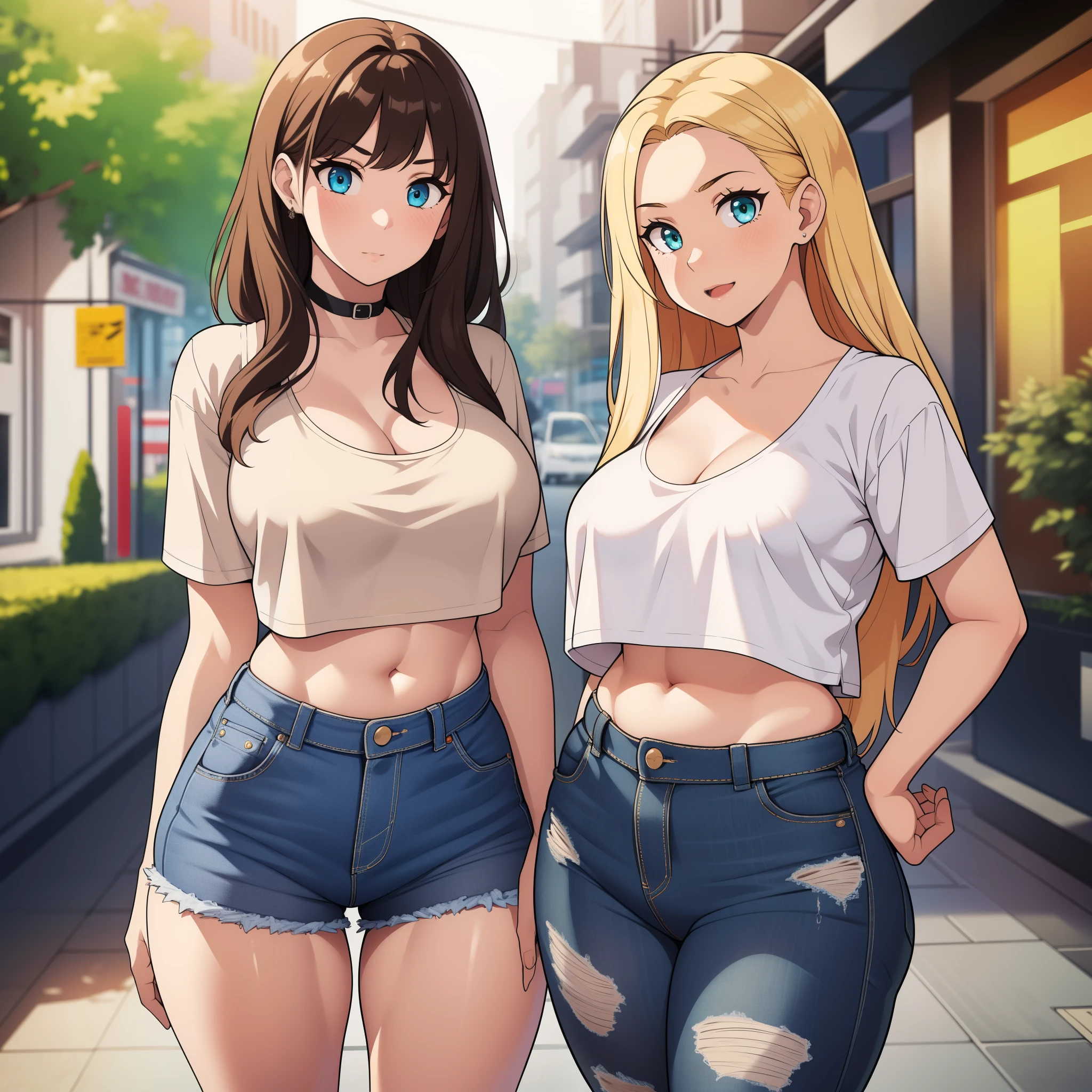 ((highres)), Masterpiece, high quality, detailed face, ultra cute face, ((2girls)), one girl has blonde hair, blue eyes, crop top and shorts, one girl has brown hair, green eyes, jeans, white shirt, full body, mall, medium breasts, perky breasts, ((wide hips)), (thick thighs), (pudgy),