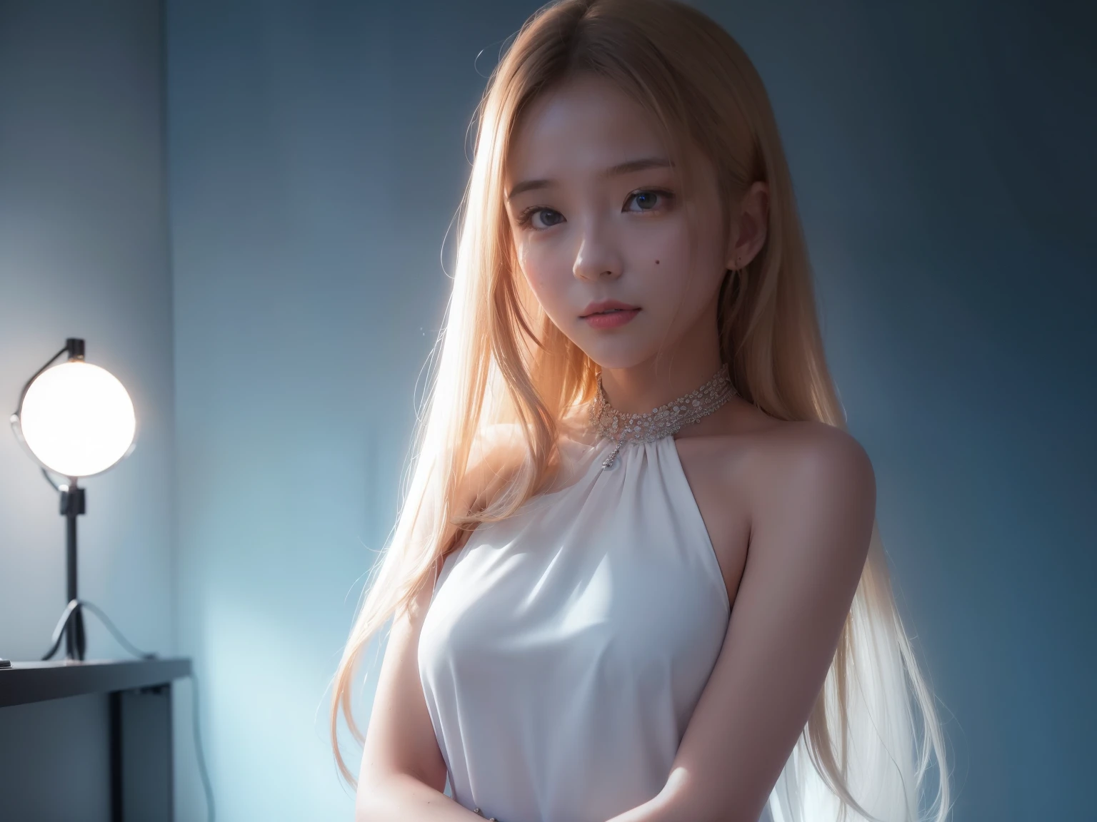 (((1 girl)))、glass dress、plastic dress，see-through transparent clothing，Glass texture，light shines，color transparent，hair ornaments、choker necklace、gem、cute face、Physically、Tyndall effect、Realistic、shadow studio、edge light、two-color lighting、（high detail skin：1.2）、8k, ultra hd、Digital single-lens reflex camera、soft writing、expensive、expensive品質、volume light、Voyeurism、photore、High resolution、4k、8k、The background is blurred，highest quality、master piece、High resolution、