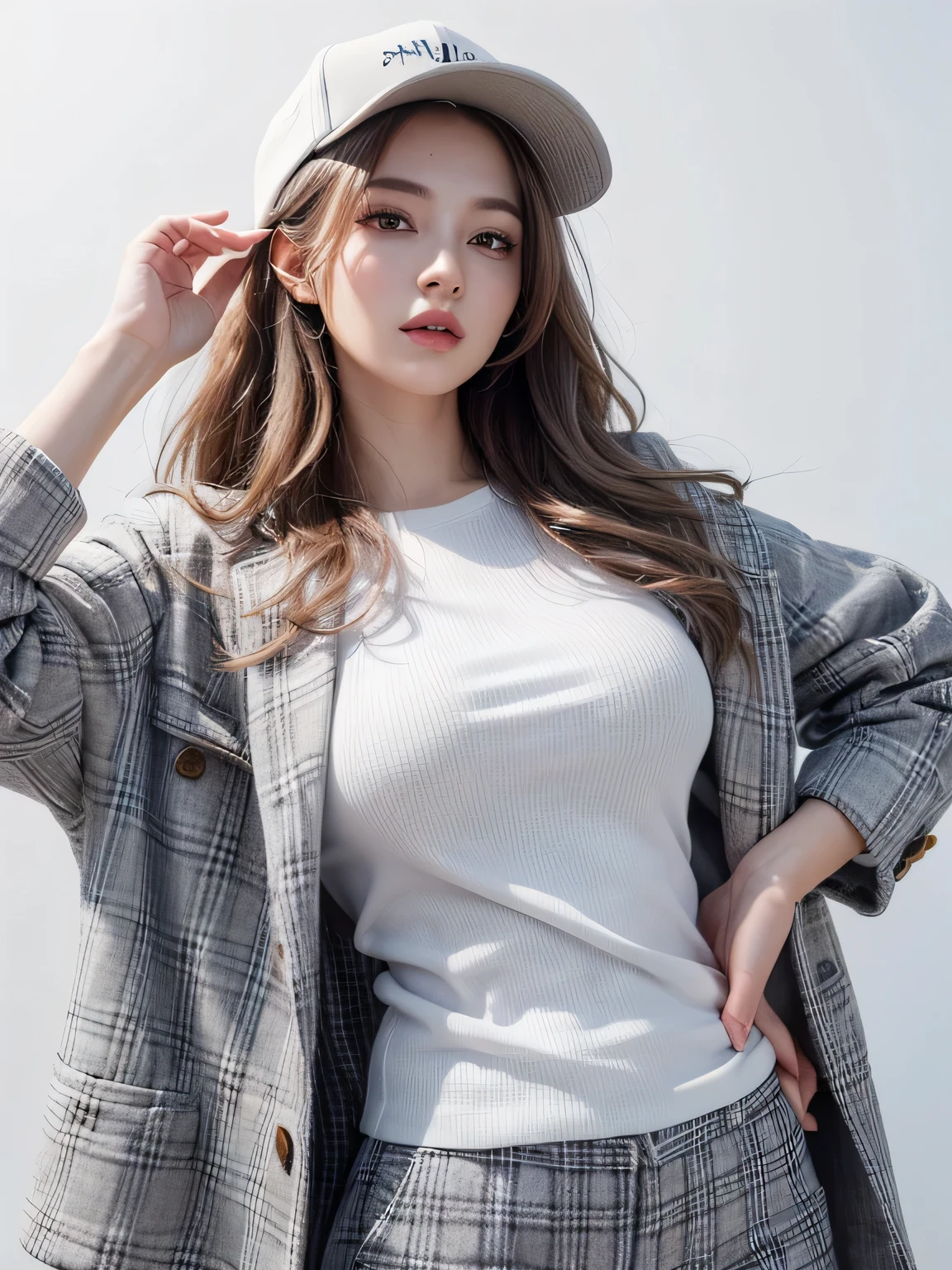 (highest quality, High resolution, masterpiece :1.3), beautiful adult woman, Long contour, ((pure white background)), (Plaid jacket, white shirt, Wide trousers in gray, have), (loose wavy gray bob hair), ((Accurately express details such as faces and skin textures)), take a pose,