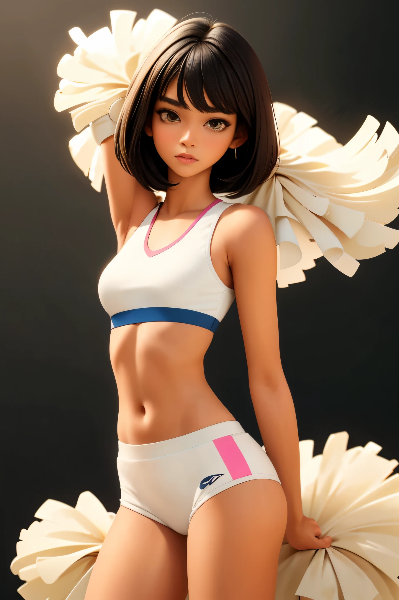 Gold eyes, black hair, short, slim body, beautiful, perfect body, blue and white cheerleading outfit, soft body, perfect, medium hair length, bobbed haircut, cute, 18 year old girl, soft wavy hair, realistic, full lips, pink lip gloss