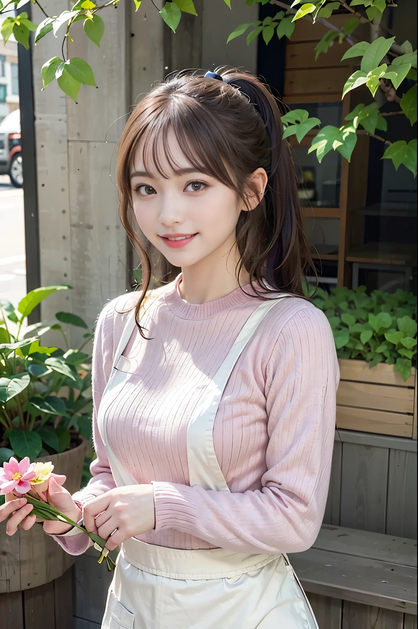 ((masterpiece,best quality 1.4)), (8k,RAW photo:1.2), (realistic,photo realistic:1.4), ultra high resolution , (Highly detailed 8k wallpaper) ,japanese idol, Japanese actress, Japanese, very cute, Big eyes, highly detailed eyes and face, Beautiful eyes in every detail,shiny skin,portrait,(ponytail :1.2),(smile:1.3) ,(holding a bouquet:1.2),lit, sharp focus, Depth of written boundary , (dynamic angle:1.4 ). blur background, Bokeh, (pink sweater and apron:1.2) ,A small flower shop bathed in spring sunlight, A row of colorful flowers. In front of the shop, Bright bouquets and hanging succulents are on display.. The background is cobblestone streets and old-fashioned townscapes.