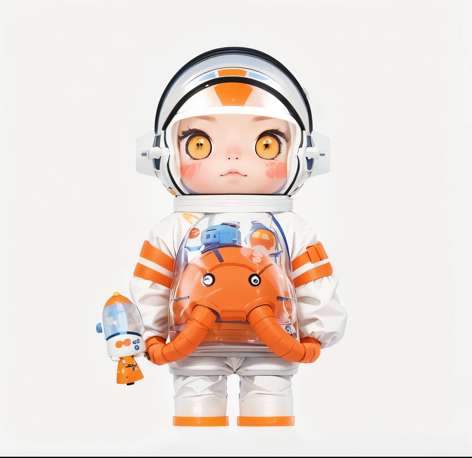 Little astronaut抬头, Little astronaut, Portrait armored astronaut girl, futuristic astronaut, Venus squid astronaut, space molly, female explorer mini cute girl, 黄肯尼 x Pop Mart, Cute astronaut sticker art, friendly carrot, Wearing a miniature space suit, Portrait of artificial intelligence astronaut, female astronaut，real people，HD pictures