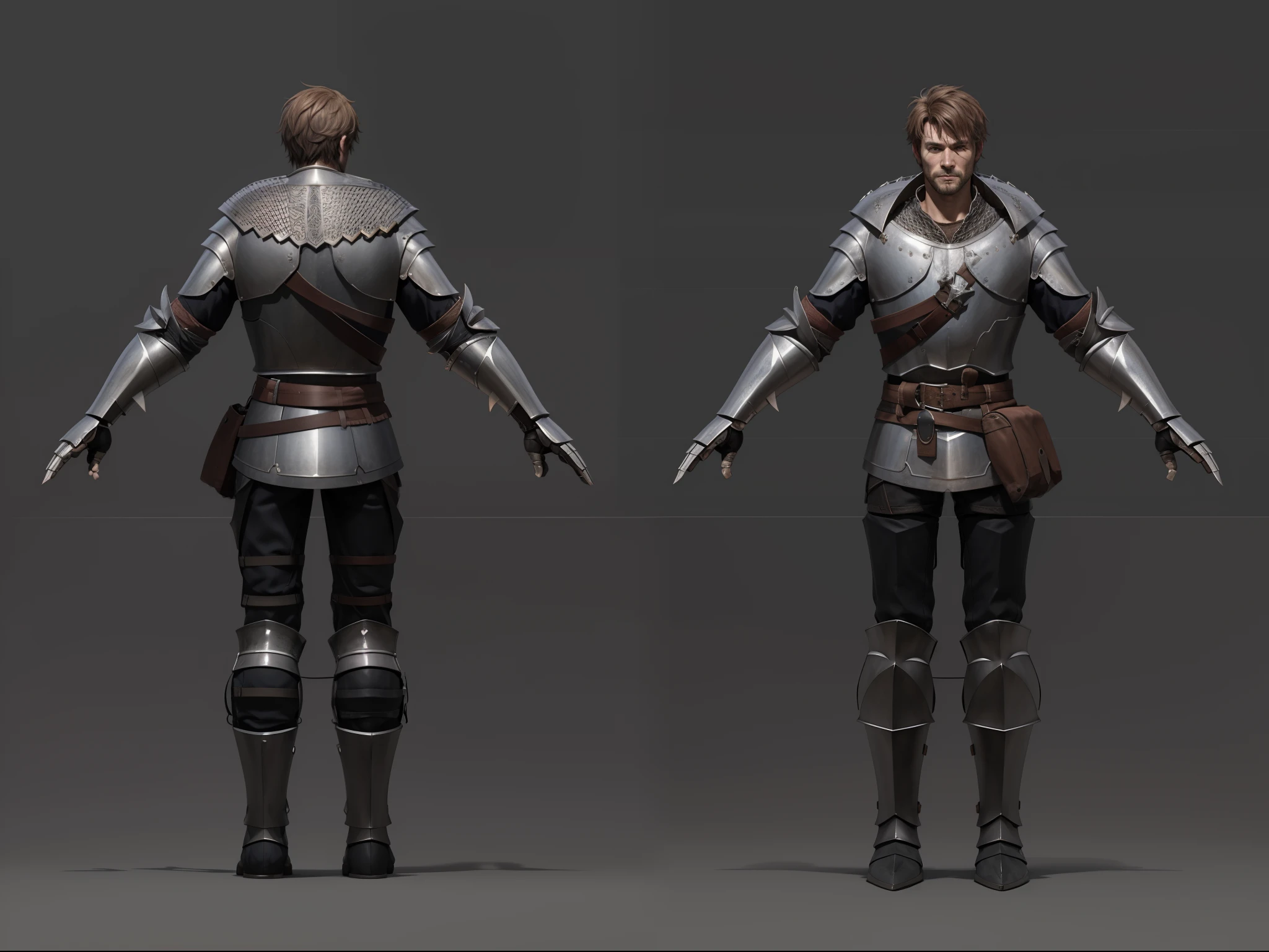 ( Realistic:1.33),(masterpiece:1.1),(highest quality:1.1),(HDR:1) a close up of a knight with moonlit armor , full body concept, detailed full body concept, medieval imperial knight style character, full body character concept, new costume concept design, full body details, detailed full body concept art, full character body, character model sheet turnaround, fullbody shot turnaround, concept character sheet, full body concept art, reference model sheet , full body concept art, medieval style character, game character design, concept character, full body character concept art, 3d character reference sheet, male, video game character concept, detailed character design, character sheet, character model sheet turnaround , front and back, front and back, Imperial knight armor, dark red costume, medieval red Gambeson, (leather belt, steel boot armor), gambeson, black leather belt, moonlit shoulder armor, grey clean background, 3D character