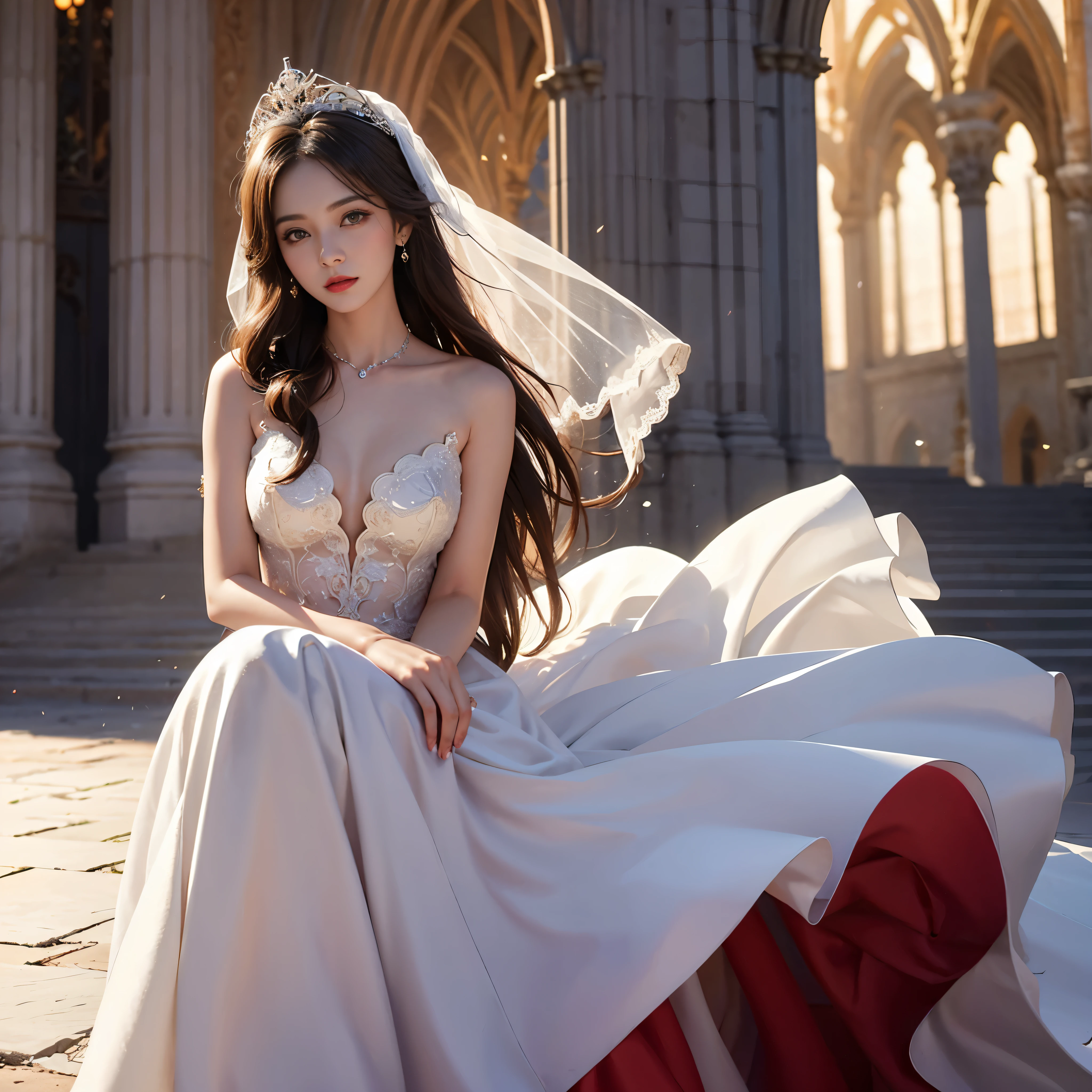 1 girl, (yak), Very pretty, cute, sweet, sun glare, Conservative attire, wedding dress, let her sit, bridal tiara, thin collarbone, red lips, depth of field, blurred background, Cathedral Background, light particles, strong wind, head tilt, long hair, looking into the distance