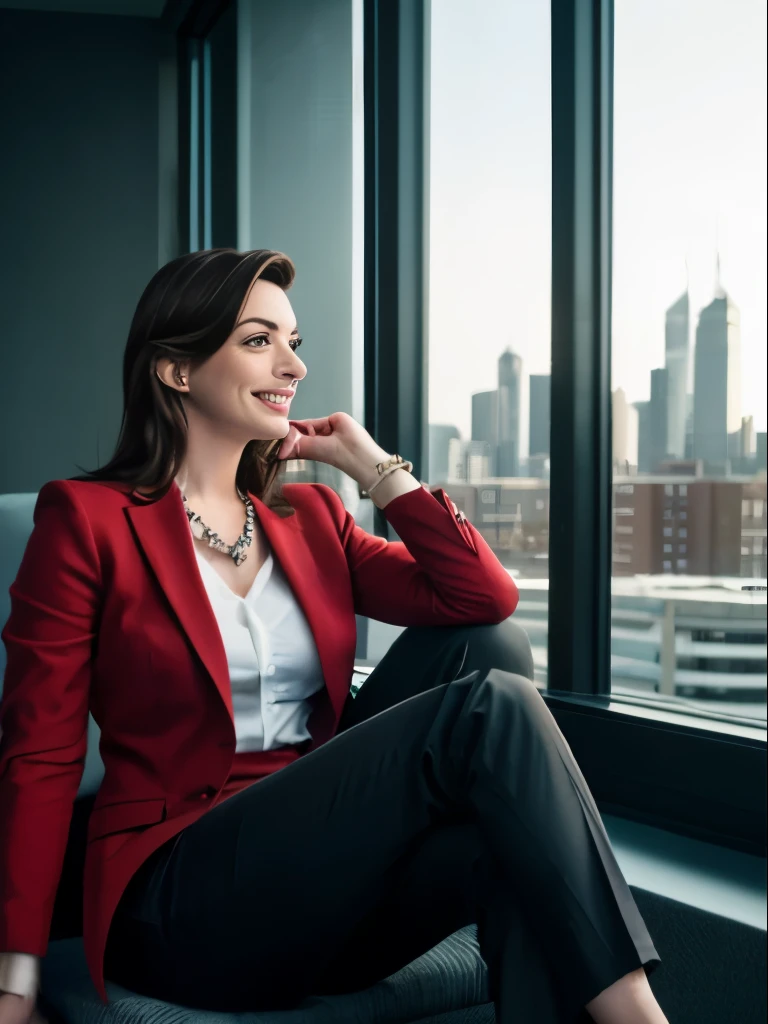 A cute Anne Hathaway sitting in the office,crew cut,business suit,Windows,Cityscape,corpo inteiro,macho maduro,,best quality, 50mm f/2.8, fotografia e revista GQ, Trending on Flickr Masterpiece, high resolution, best quality,, Realistic, Realistic photo, foto do filme, ultra realistic, 1 pessoa, circunstanciado, perfect lighting, DSRL, foto profissional, 4k ,blue lighting,sorrir