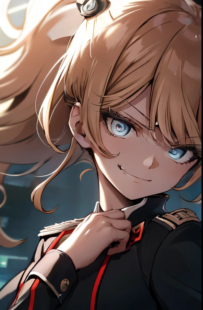 (masterpiece, best quality: 1.1), 1girl solo, tanya, 1girl, solo, , flat chest, small breasts, curvy, military, military uniform, ,, evil smile, wicked expression, anger, red eyes, neutral lighting