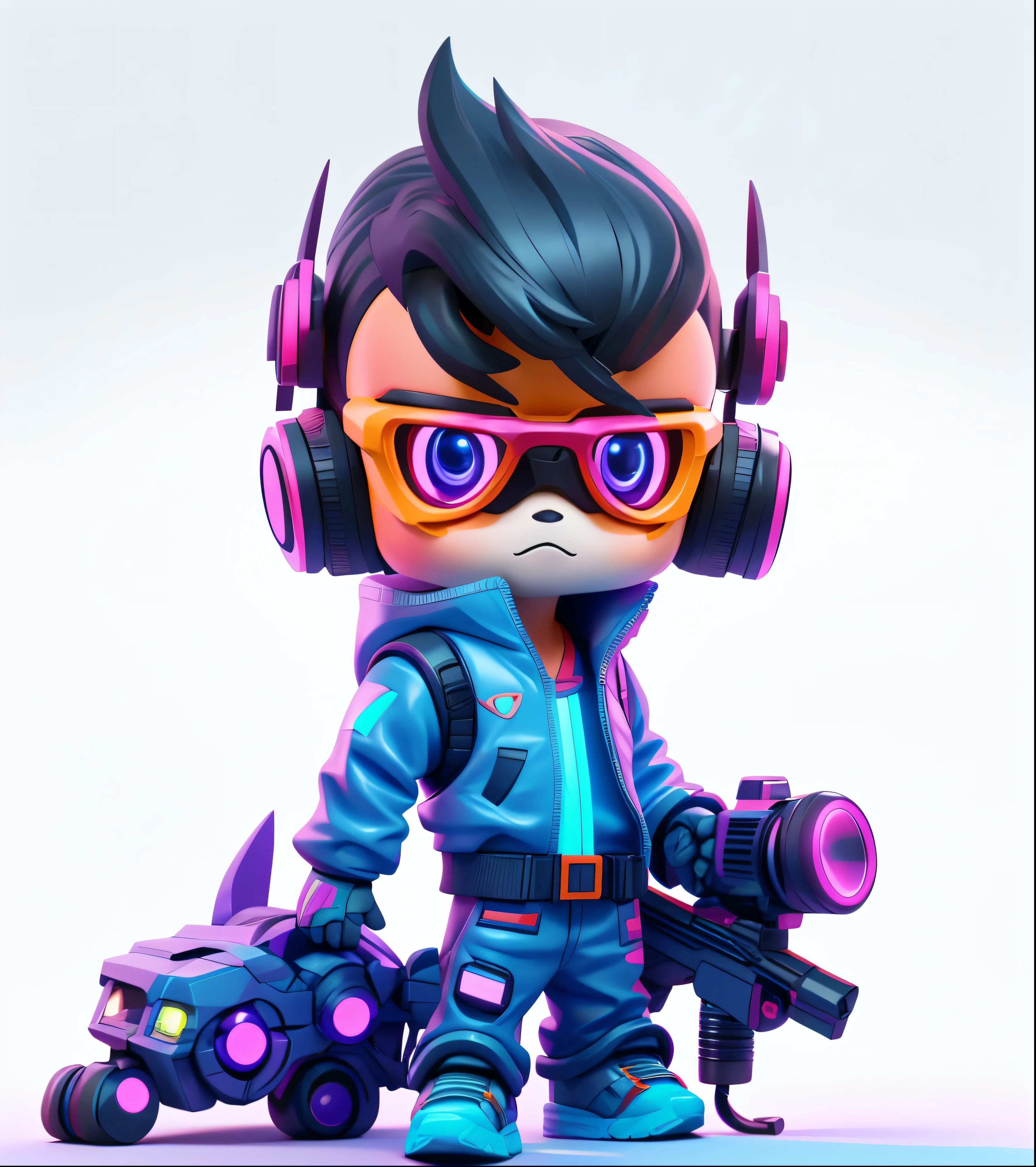 blind box,plastic toys,3D toys,IP model,A cute and fashionable boy, black hair, Wear high-tech goggles, Wear a Holographic Glowing Translucent Jacket, Holding a purple light war dagger in his hand, There are a lot of decorations on the clothes, precision mech parts, shiny things, cyberpunk, Futurism,Pixar,Material resin,whole body,panoramic,simple background,Exhibition lighting ,Volumetric lighting,..3d,c4d,OC rendering,volume rendering,extremely fine details,high dynamic range,8k resolution