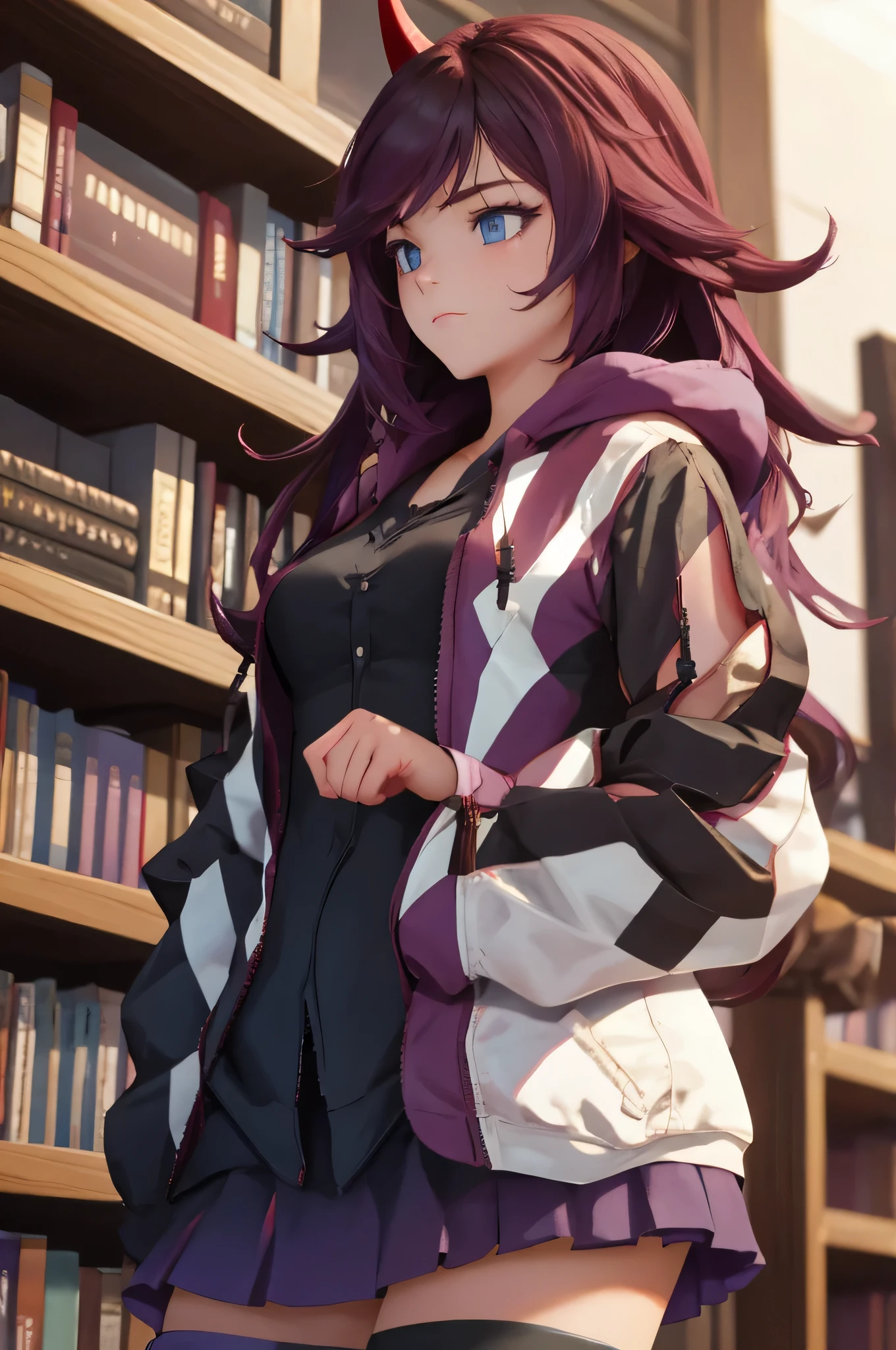 Teenage woman, battle outfit, horns, long hair, reading in the library 