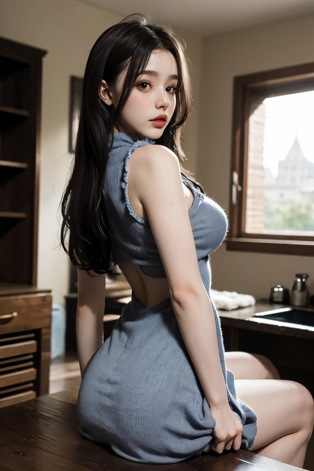 (to the firmware), 1 woman, 20yr old, 7headed body, (Clear face), (ideal body proportions), Modern old town view, ((Lolita costume:1.5)), (((Red muffler))), Wet with,  white skinned, slenderness, black hair color hair, Long gray hair, pretty legs, little ass, lean legs, ultra-realistic realism, movie lighting, depth of fields, A person's point of view, F/1.8, 135mm, north african free trade area, On a table, Acura, Anatomically correct, ctextured skin, super detailing, high detal, high high quality, Award-winning, Best quality at best, A high resolution, 8K