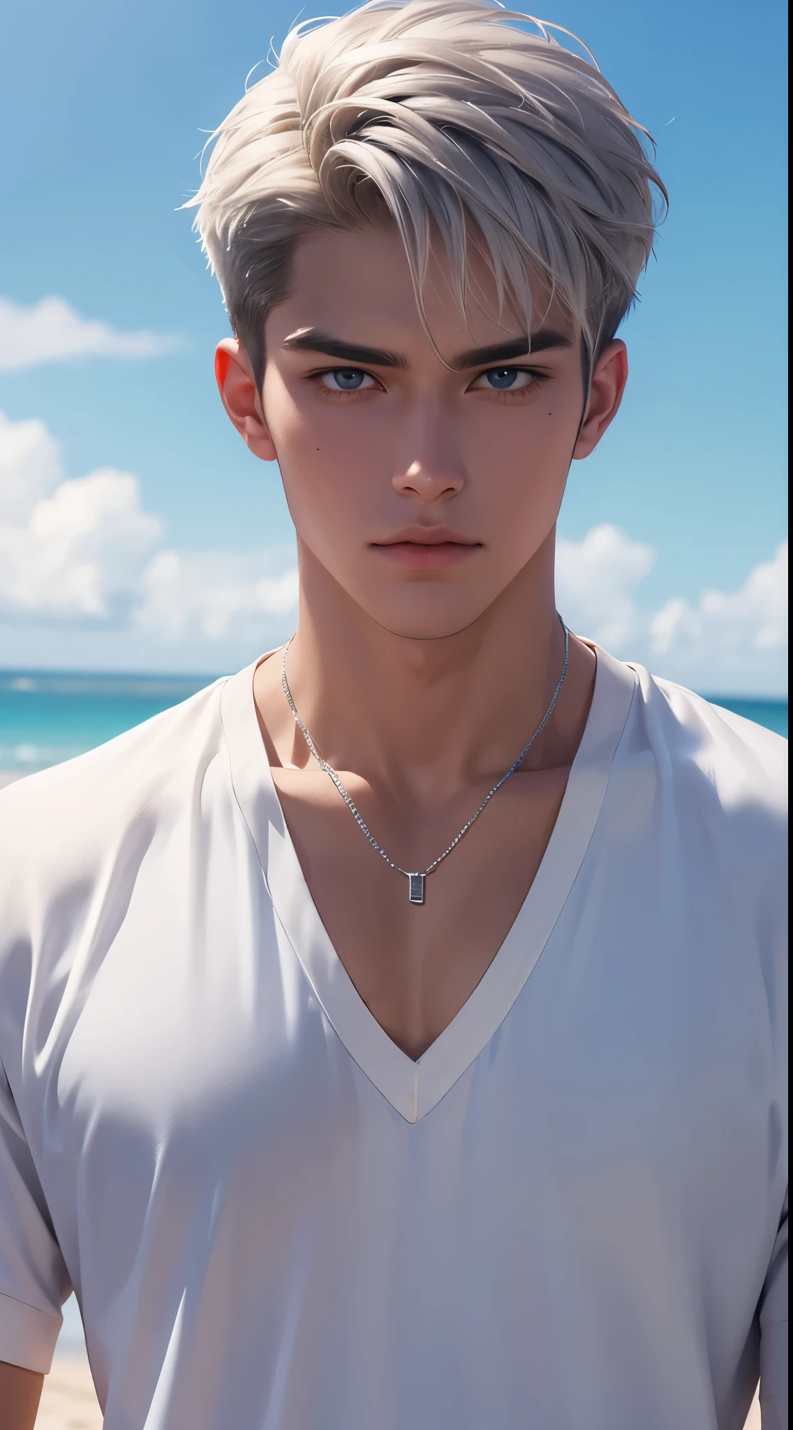 1 boy,Handsome，tall and strong,perfect male figure, eyes looking at camera, ((tanned skin)),beach，silver hair,serious expression,necklace,Ray tracing